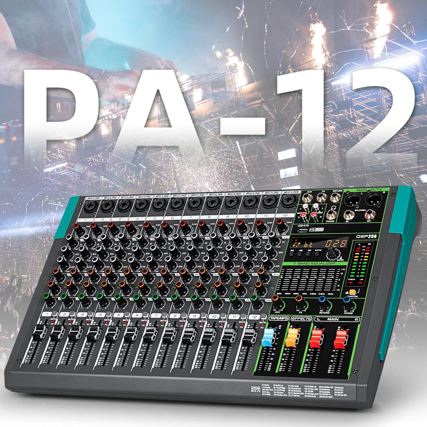 Depusheng PA12 Professional Audio Mixer Sound Board Console Desk System Interface 12 Channel Digital USB Bluetooth MP3 Computer Input 48V Phantom Power Built-in 256 Reverb Effect, Black