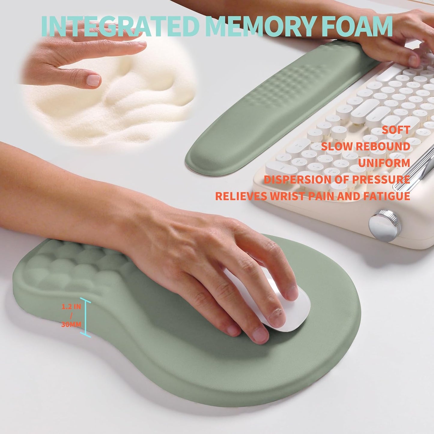 2-in-1 Ergonomic Set, Wave Rise Keyboard Wrist Rest and Massage Bulge Slope Mouse Pad Wrist Support, Cushion Memory Foam Integrated to Relieve Wrist Pain, Light Green