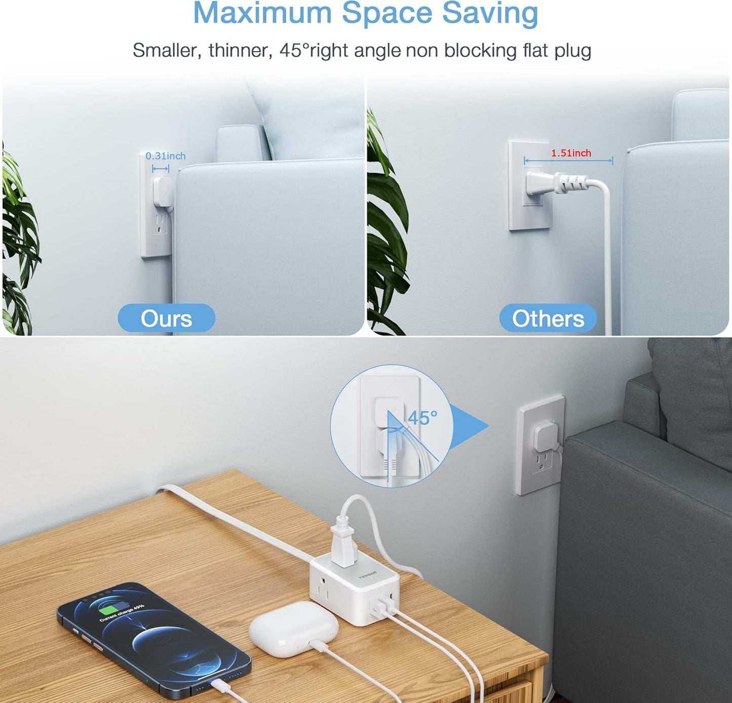 TESSAN Small Flat Plug Power Strip, Ultra Thin Extension Cord with 3 USB Wall Charger (1 USB C), 3 Outlets Mini Charging Station, 5 ft Slim Plug for Cruise Travel Office School Dorm Room Essentials