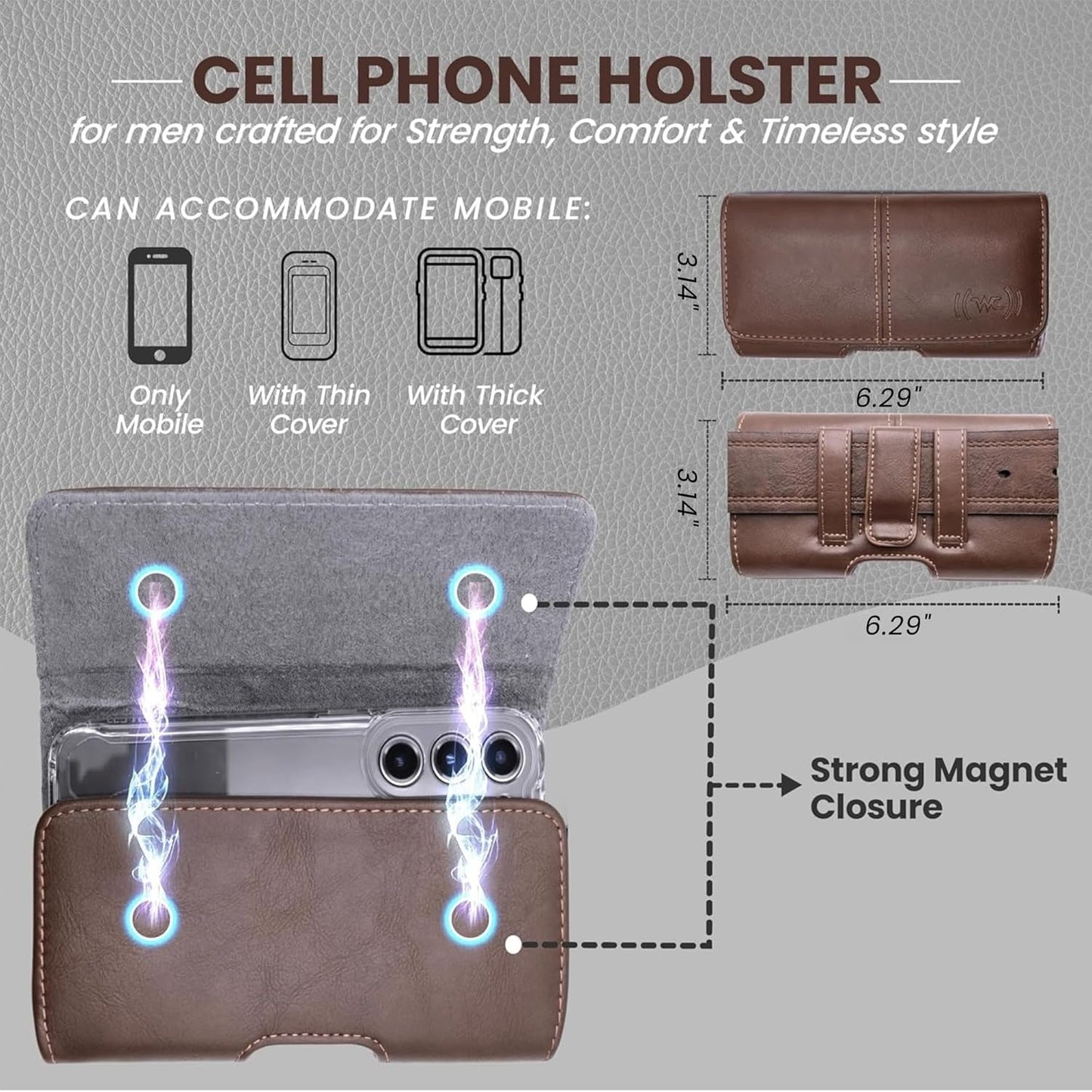 Leather Phone Holster for Men, Horizontal Cell Phone Case, Fits iPhone 17/17 Pro 16/16 Pro 16e 15/15 Pro 14/14 Pro 13/13 Pro 12/12 Pro 11 XR, Belt Clip Phone Pouch Holder, Brown Medium.