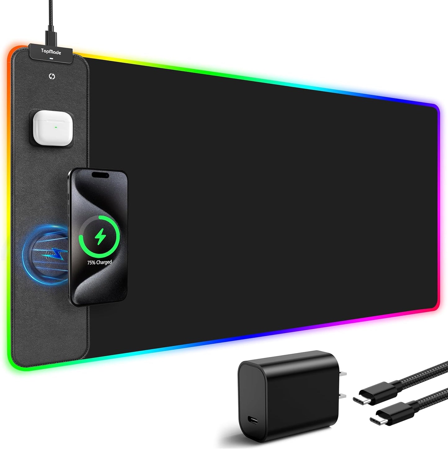 TopMade Wireless Charging RGB Mouse Pad, Waterproof Gaming Desk Mat with 4 Light Modes & 11 RGB Colors, 31.5"x15.75" XXL Large Desk Pad(Includes 20W PD Power Adapter & 6.56ft Woven Cable)