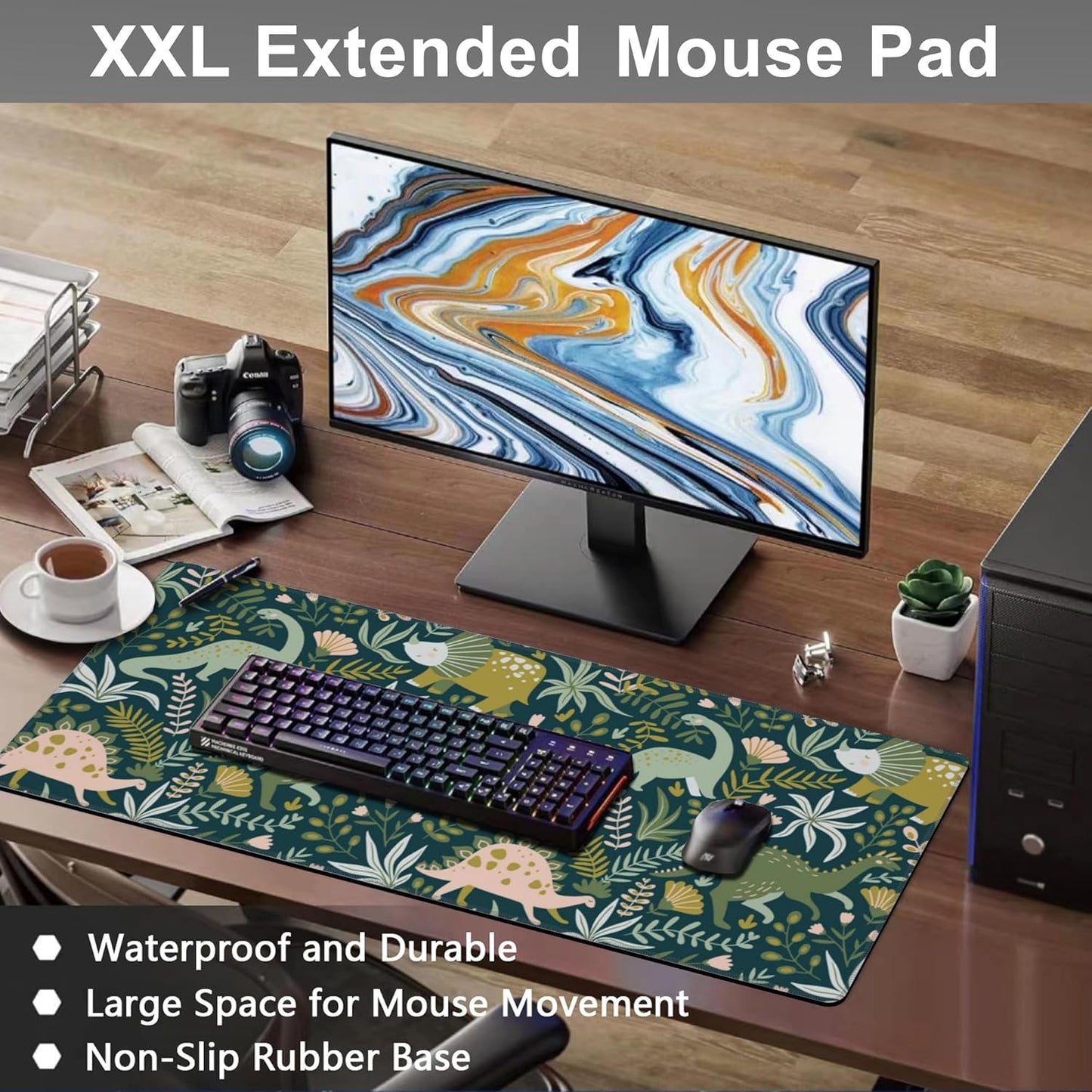 Mouse Pad, Large Dinosaurs with Tropical Plants Desk Mat, Extended Non-Slip Gaming Keyboard Mousepad Desk Pad, Thick Stitched Edges Waterproof Mouse Mat 31.5"x15.7" (Cute Dino and Flowers)