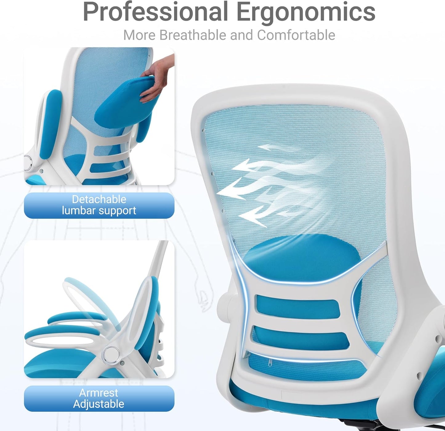 HYLONE 400lbs Heavy Duty Drafting Chair 5" Thickened Seat Office Chair with Flip-Up Armrests Tall Ergonomic Computer Chair with Lumbar Support and Adjustable Footrest Ring Standing Desk Chair (Blue)