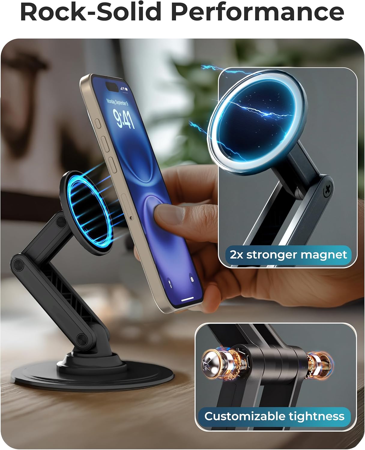 COOPER Magnetic Phone Stand for Desk, Mag360 Adjustable MagSafe Stand for iPhone 16 Pro Max, 15 14 13 12 & Plus | 360° MagSafe Phone Holder, Strong Magnetic Mag Safe, Foldable 3-Axis Leg (Black)