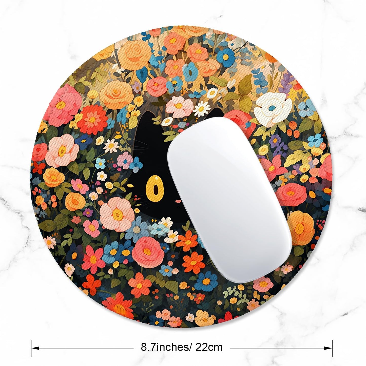 ITNRSIIET Round Mouse Pad with Stitched Edge Premium-Textured Waterproof Non-Slip Rubber Base Desktop Protection Mat Diameter 8.7 inches, Flower Cat