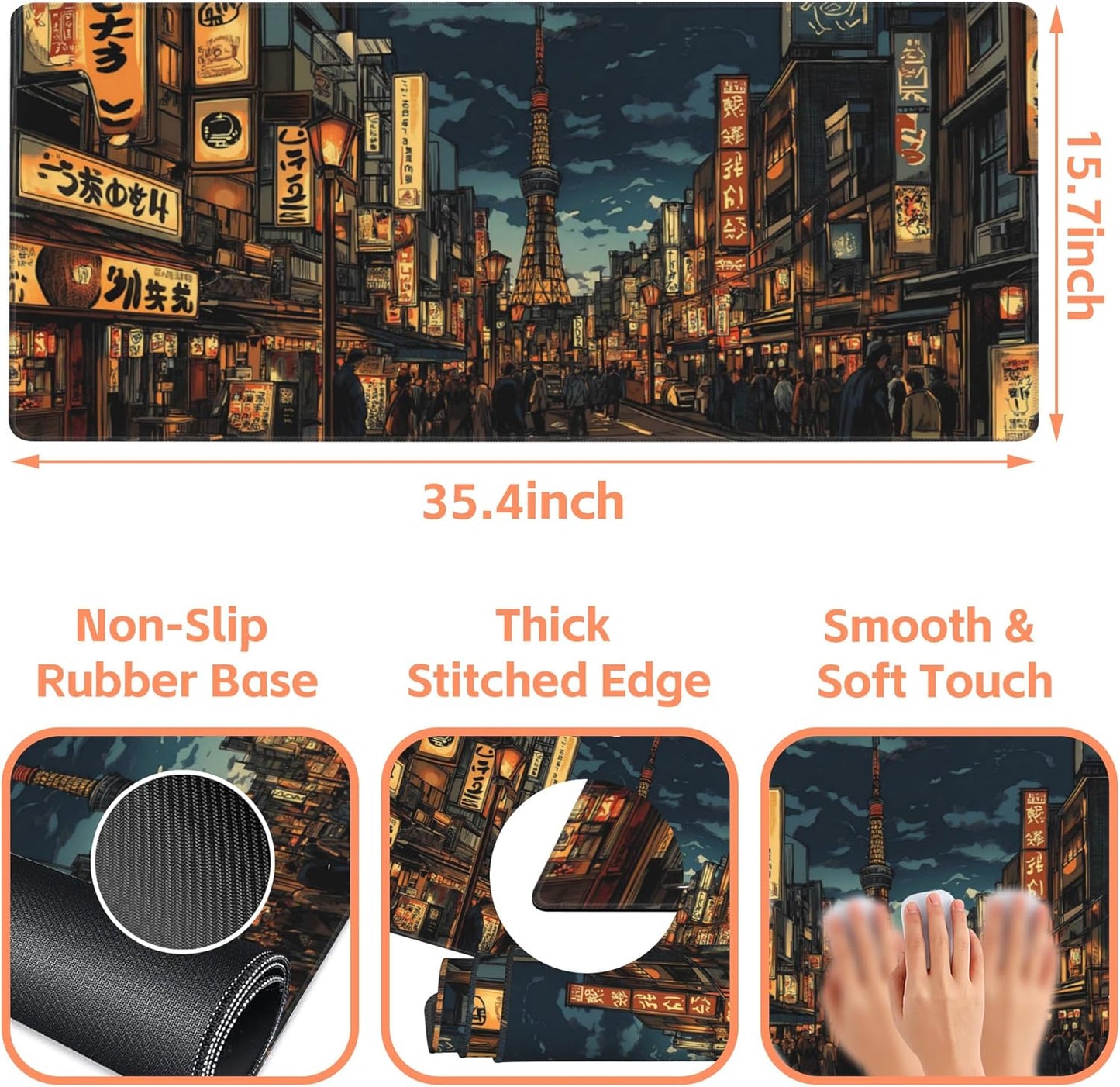 Mouse Pad Large Bustling Street Non-Slip Game Desk Mat with Stitched Edge Laptop Keyboard Desk Pad for Work Home Gaming (35.4 x 15.7 Inches)