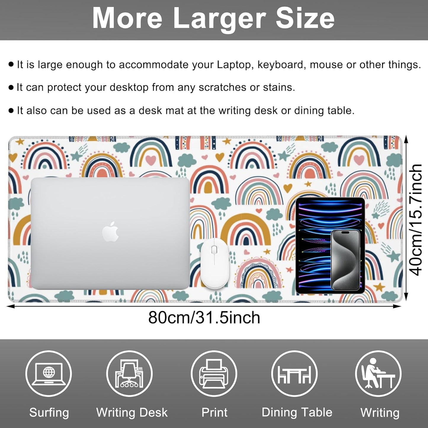 Mouse Pad, Large Boho Rainbow Desk Mat, Extended Non-Slip Gaming Keyboard Mousepad Desk Pad, Thick Stitched Edges Waterproof Mouse Mat 31.5"x15.7" (Scandi Rainbow and Stars Clouds)