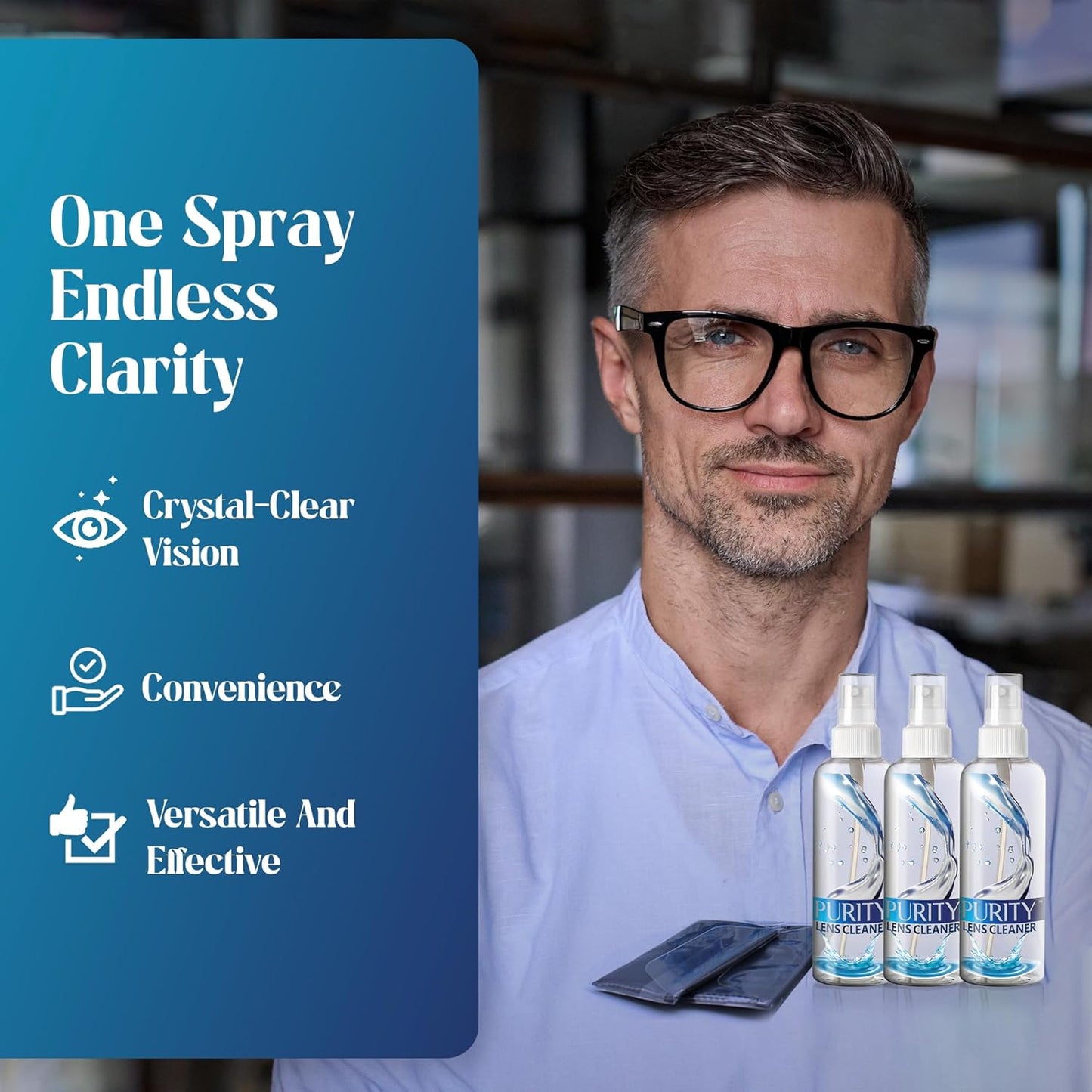 Purity Eyeglass Lens Cleaner Kit - 3 x 1oz Travel Size Lens Cleaner Spray Bottle + 2 Microfiber Cleaning Cloths - Safe for All Lenses (AR Coated Included), Eyeglasses and Screens - Clear