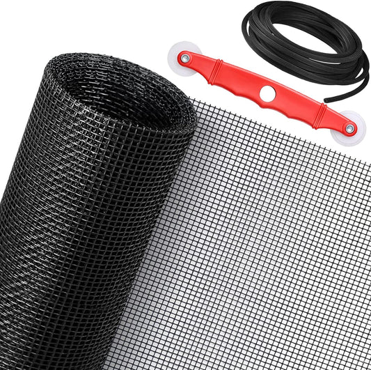 Window Screen Replacement Kit, 48'' x 99'' Fiberglass Screen Mesh with Rolling Tool and Screen Retainer Spline, DIY Adjustable Screen Door Mesh for Window, Door and Patio, Black