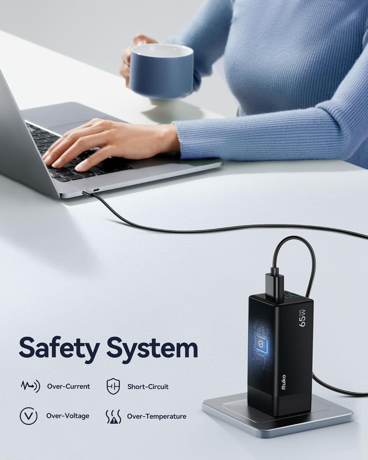 Ruko 65W USB C Charger, 3 Port International Travel Charger Kit, GaN Fast Charging Block with Portable Bag Cable UK EU Plug for iPhone 16/Pro, Galaxy S24, MacBook, iPad, Steam Deck, Drones