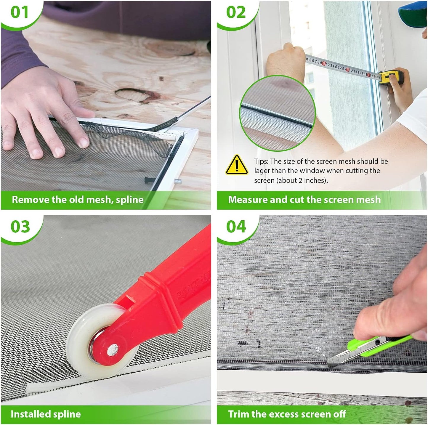 Ouskr Replacement Window Screens Kit, 48X118 Inch Durable Window Screen Mesh for Patio Porch Door Windows, DIY Adjustable Fiberglass Screen Repair Kit with Rolling Tool Hook Ruler Cutter Spline