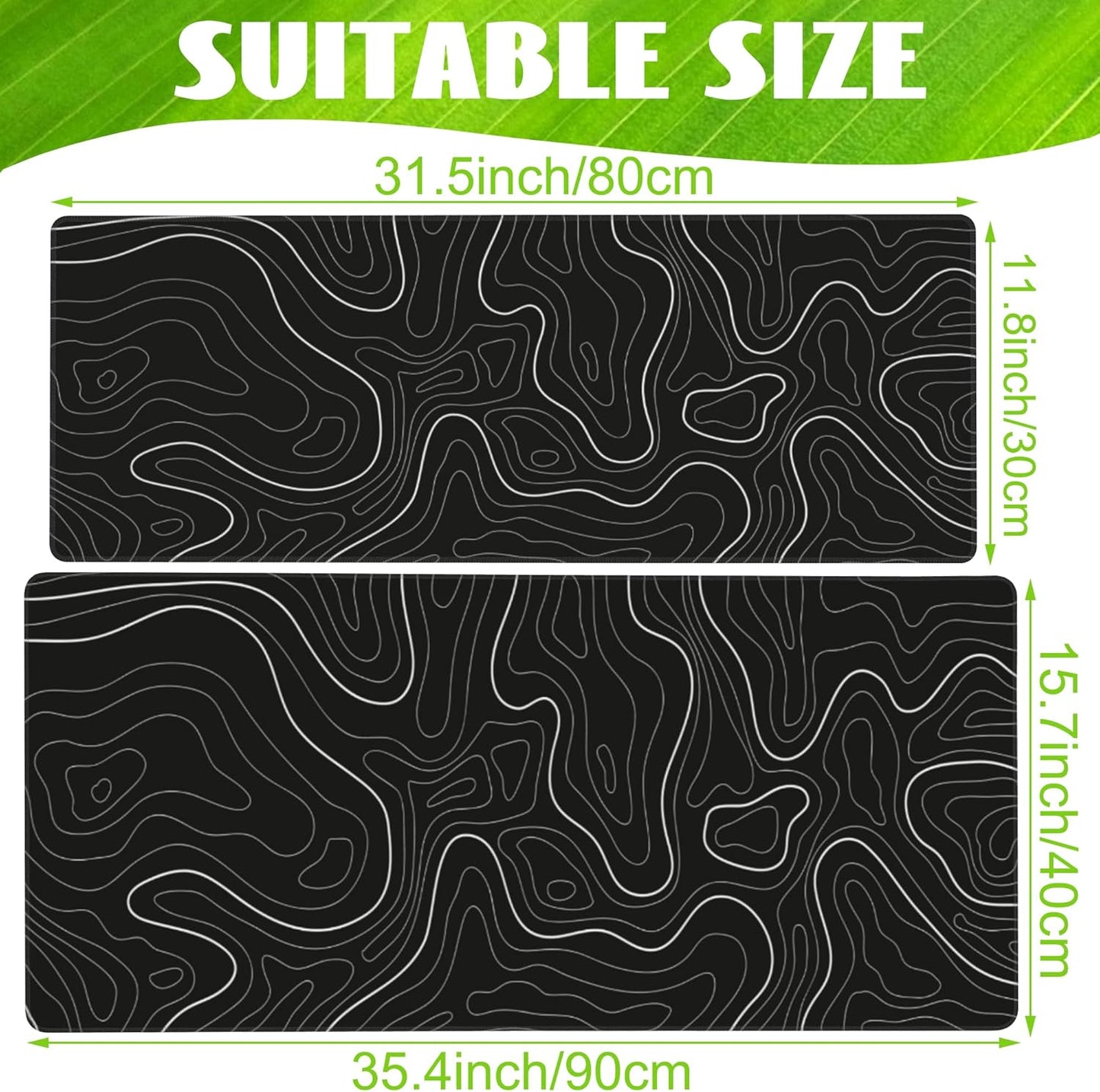 Desk Mat,Black Topographic Contour Map Desk Pad,Topographic Contour Large Gaming Mouse Pad for Desk,Extended Big Computer Keyboard Mouse Pad with Non-Slip Base and Stitched Edge,31.5"x11.8"