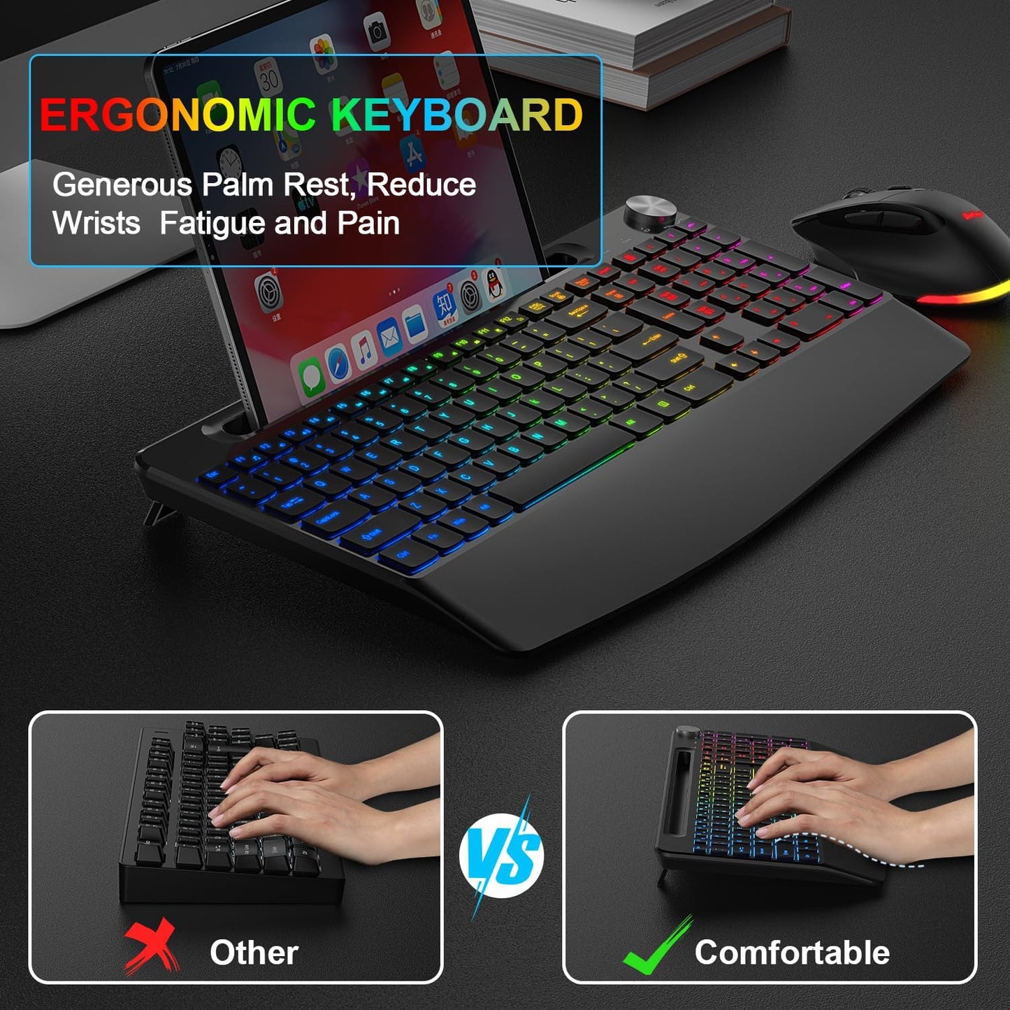 BlueFinger Wireless Keyboard and Mouse Combo Backlit, 2.4G Rechargeable Ergonomic Gaming Keyboard with Wrist Rest, Phone Holder, Volume Knob, Silent Light Up Keyboard with Mouse for Computer Laptop