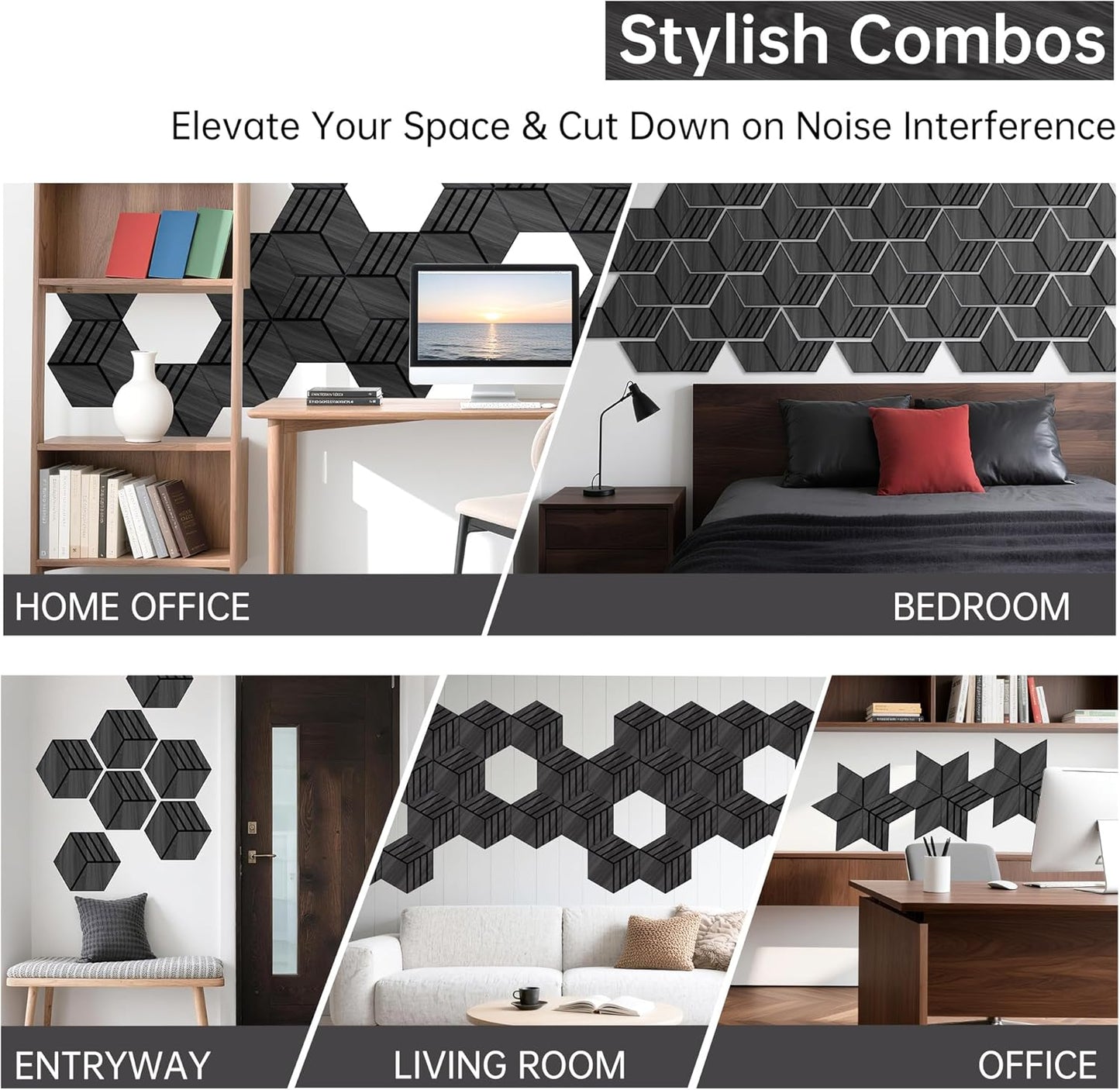 Mollywell Hexagon Acoustic Panels, Black Oak S4, 14x12x0.4 Inch, 12 Pack |Wood Veneer|High Density Sound Proofing Wall Panels|Self Adhesive Sound Dampening Felt Wall Tiles|Home Theater|Gaming Room|