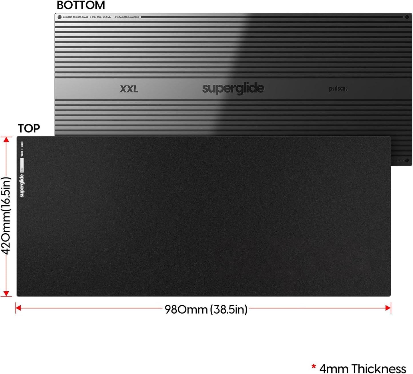 Pulsar - Superglide Premium Glass Mouse Pad XXL ALUMINO-Silicate Glass Surface Anti-Slip Fully Molded high-Density Silicone Rubber 38.5in x 16.5in (XXL, Black)