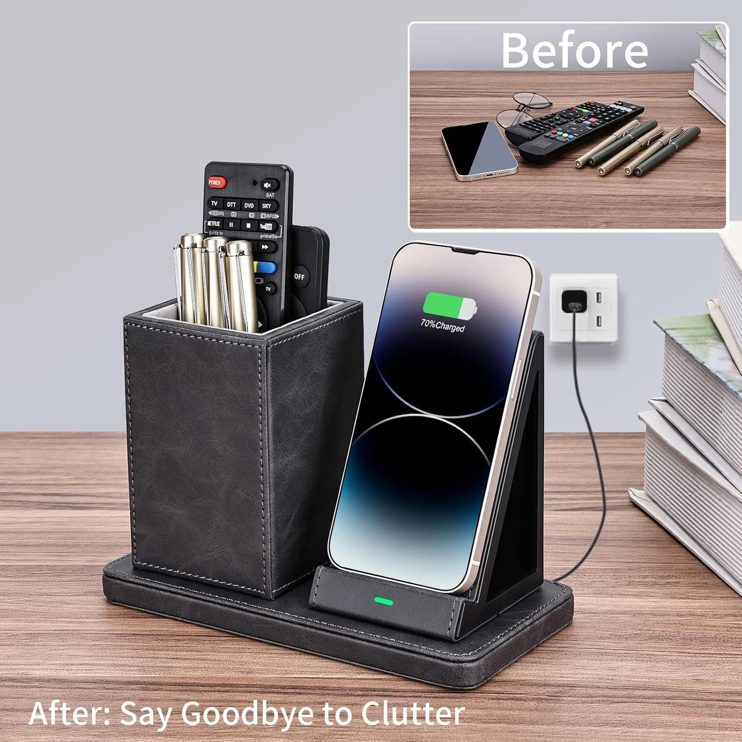 Wireless Charger with Desk Organizer, Wireless Charging Station for iPhone 13/13 Pro Max/13 Pro/12 Series/11/XS Max/XR/X/8Plus/SE 2, Wireless Charging Stand with Leather… (Gray)