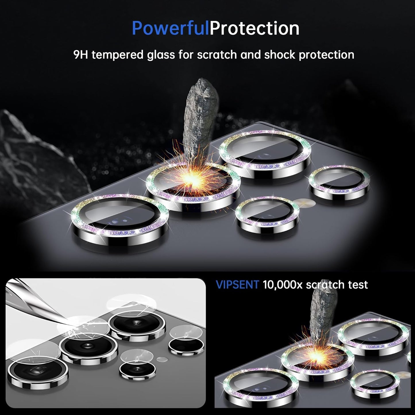 For Samsung Galaxy S23 Ultra Camera Lens Protector, Individual Lens Protector, Ultra HD 9H Tempered Glass Screen Protective Cover, Anti-scratch, Military Grade Drop Protection 2 Set. (Glitter Colorful, S23 Ultra)