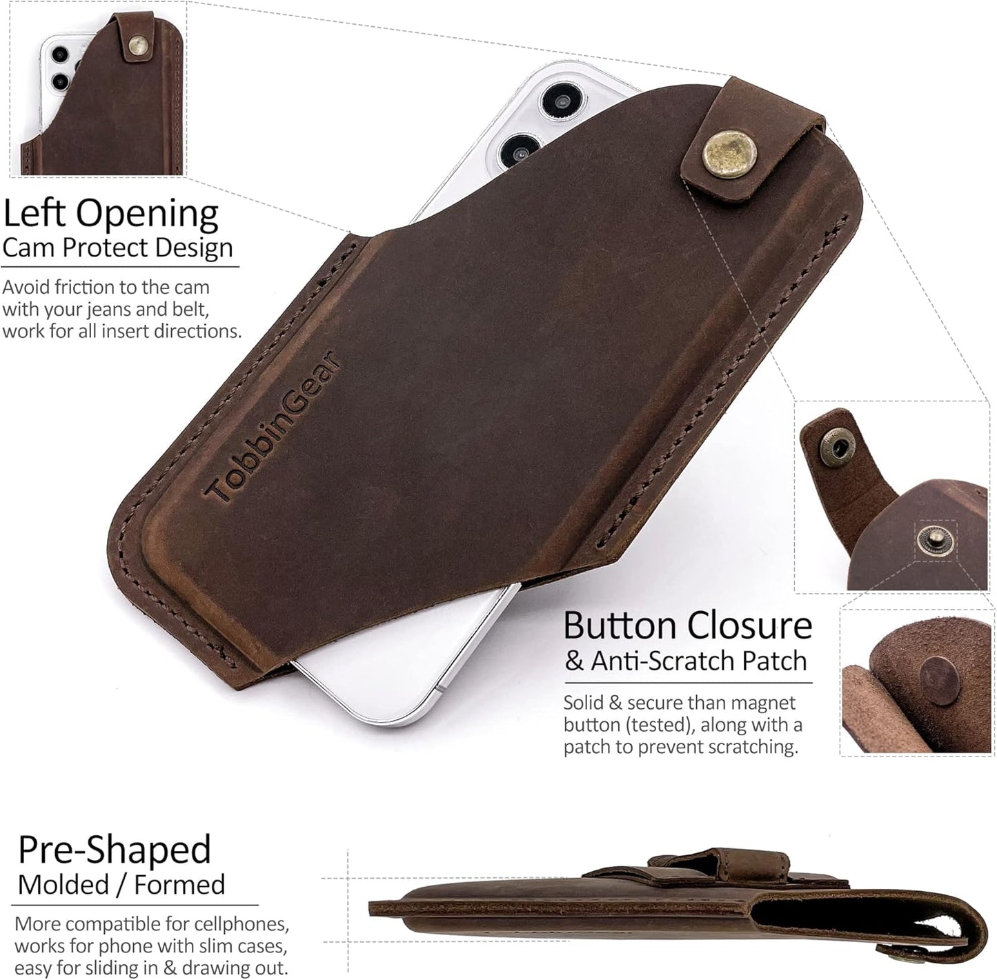 TobbinGear Leather Cell Phone Holster with Belt Clip, Leather Belt Pouch, Universal Phone Case on Belt for Men, Phone Holder for Smartphone, Right Handed, Dark Brown, Medium