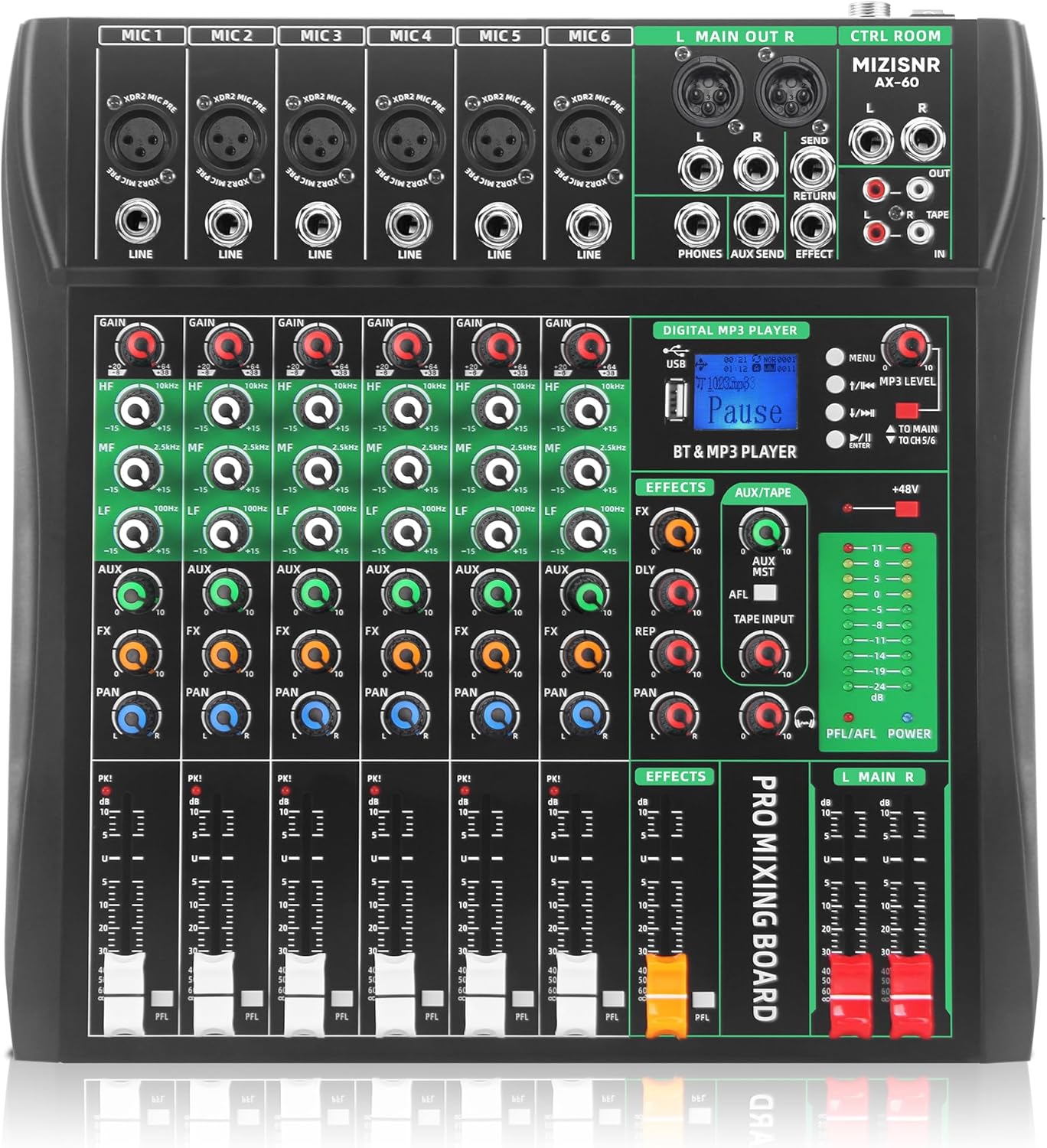 6 Channel Audio Mixer, Professional DJ Mixer Board Sound Music Mixing Console Digital Mixer with Reverb, Bluetooth, USB Port, 48V Phantom Power for Recording Karaoke Podcasting