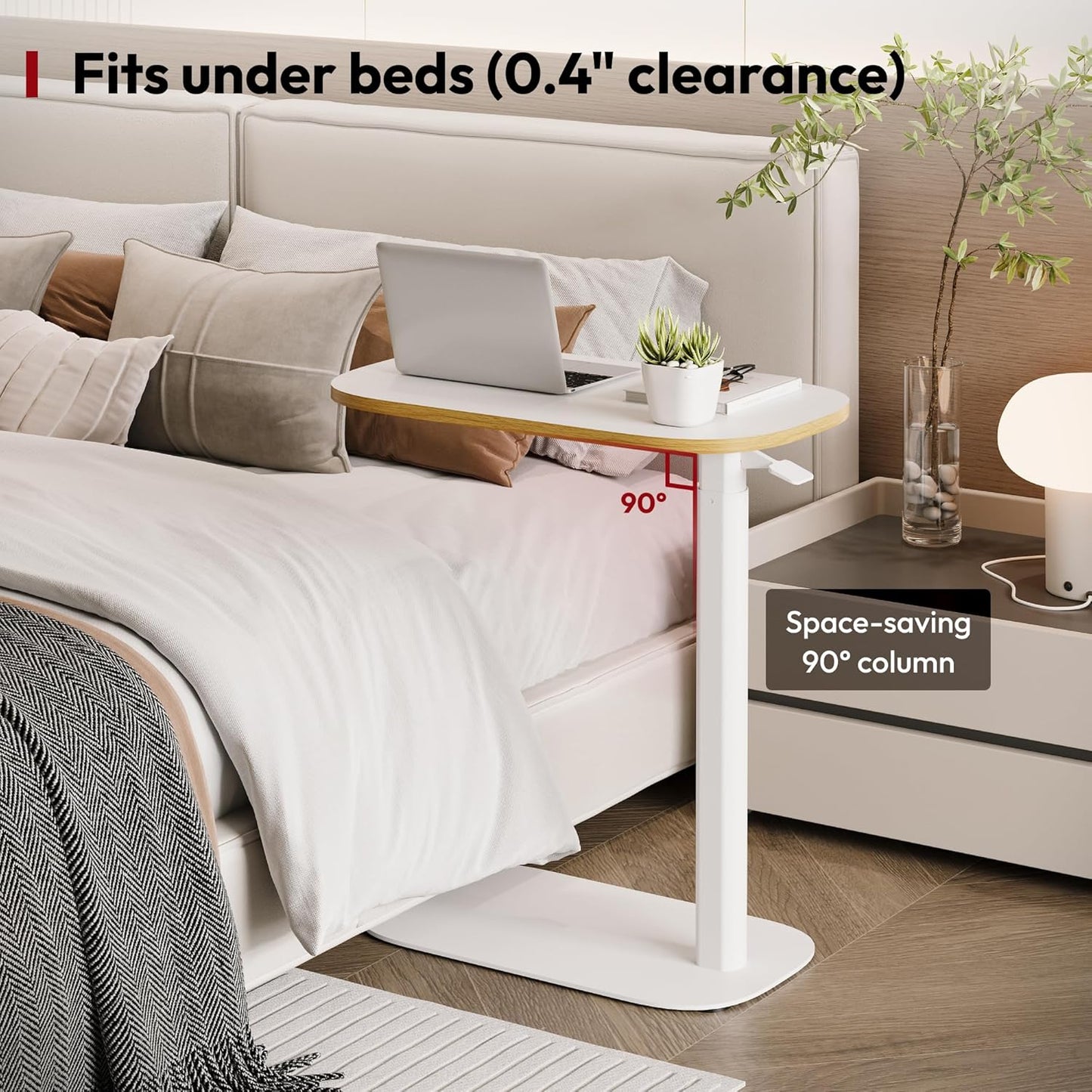 SANODESK Adjustable Overbed Bedside Table Pneumatic Adjustable Height Laptop Computer Standing Desk Cart with Tray, Hospital and Home Use(23.6" W x 13.8" D,White)