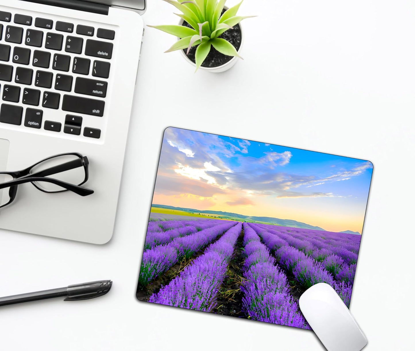 Purple Lavender Landscape Mouse Pads for Desk, Portable Wireless Computer Mouse pad Small Design with Women, Non-Slip Rubber Base Laptop Mousepad 9.5" x 7.9" Smooth Surface for Office & Travel