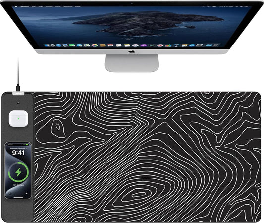 TopMade Mouse Pad with 15W Fast Wireless Charging, 31.5"x15.75" XXL Large Gaming Waterproof Desk Pad with Ultra-Smooth Surface, Non-Slip Base, Computer Desk Mat, Black Topographic Map #1