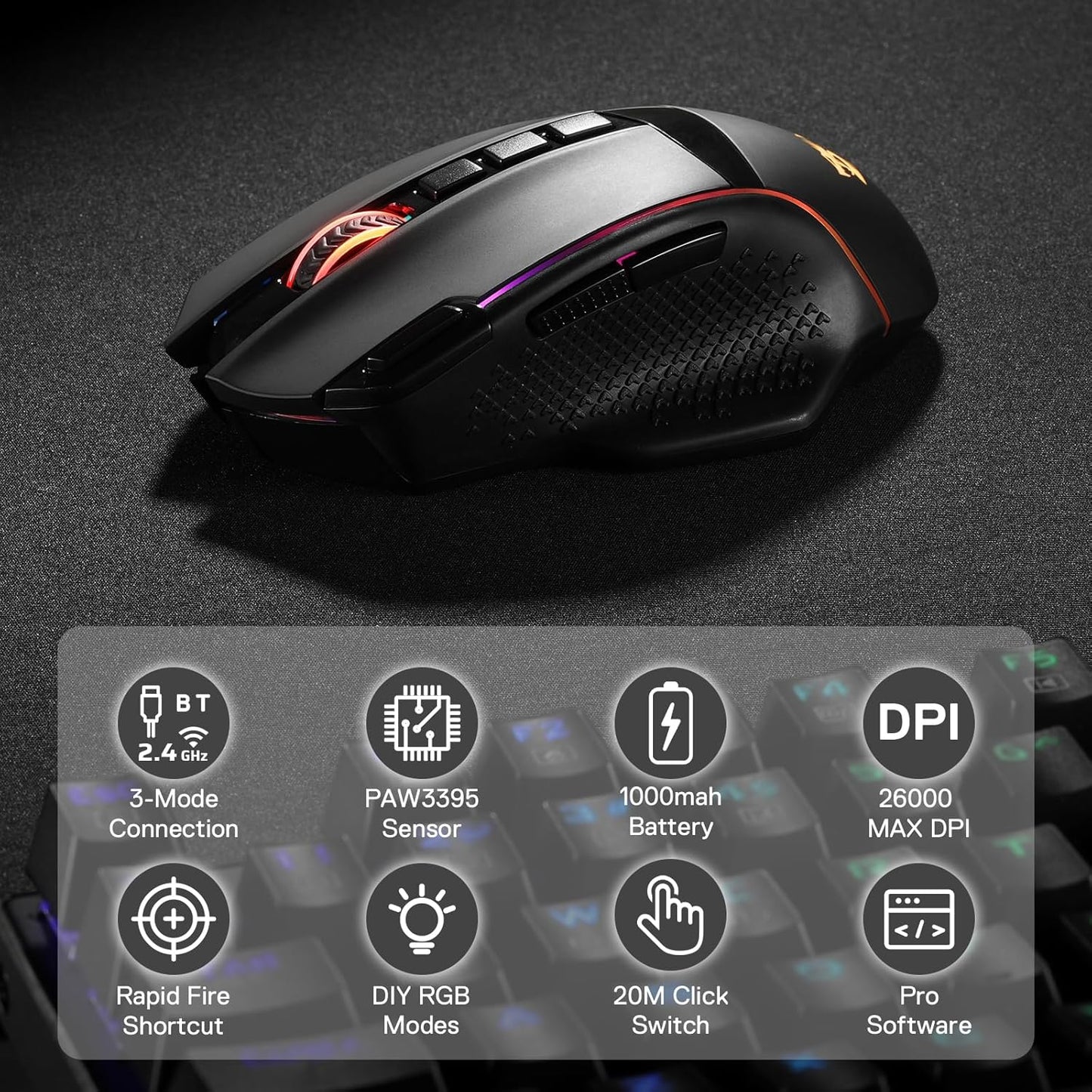 Redragon M991 Wireless Gaming Mouse, 26000 DPI 3-Mode Gamer Mice w/Rapid Fire Key, 9 Macro Buttons, Powerful Capacity and RGB Backlight for PC/Mac/Laptop, Black