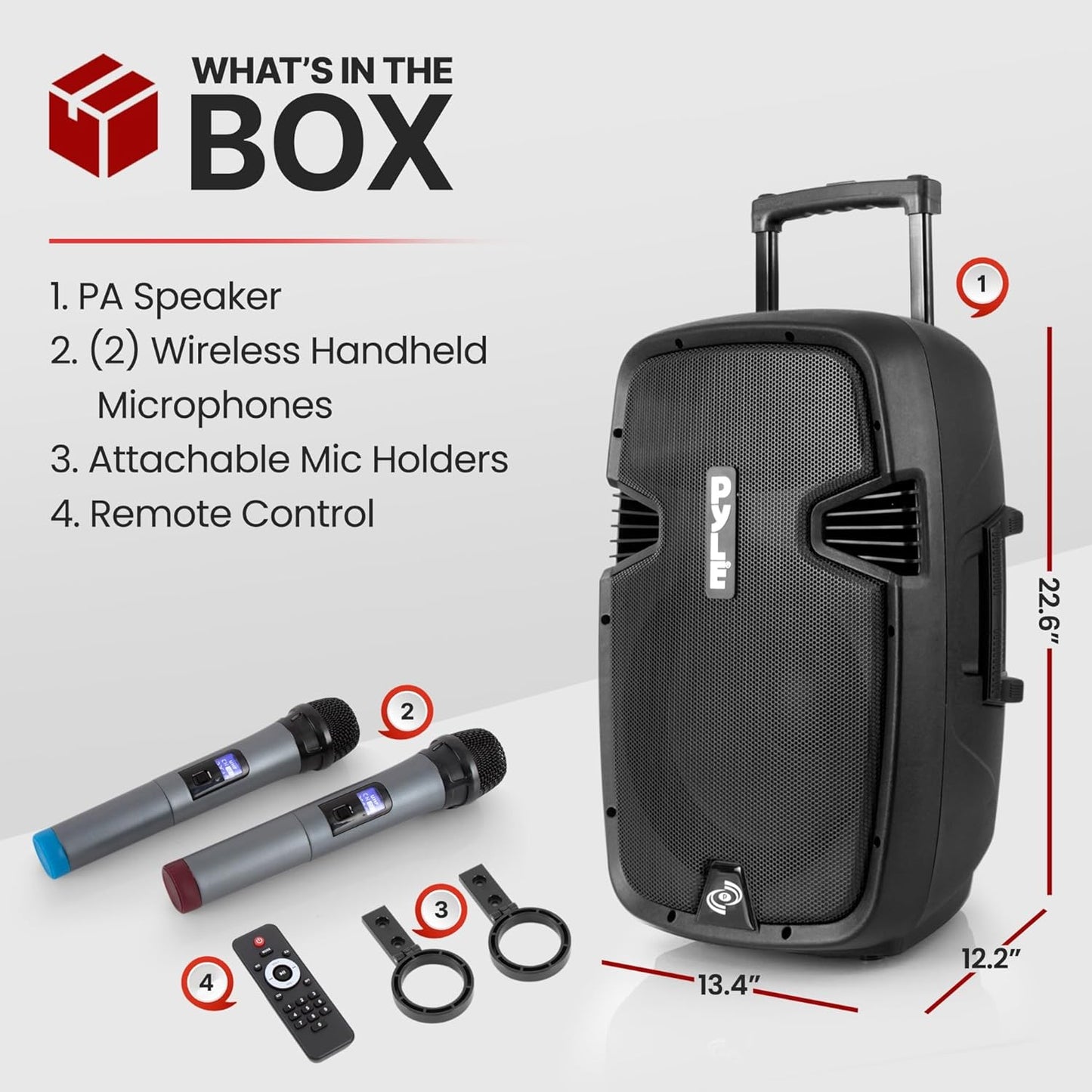 Pyle Wireless Portable PA Speaker, 1000W Bluetooth Loudspeaker, 12” Subwoofer, Dual High-Powered PA System, 2-Way Full Range Audio, Includes Wireless Mic, USB/SD Input, for Outdoor and Event Use