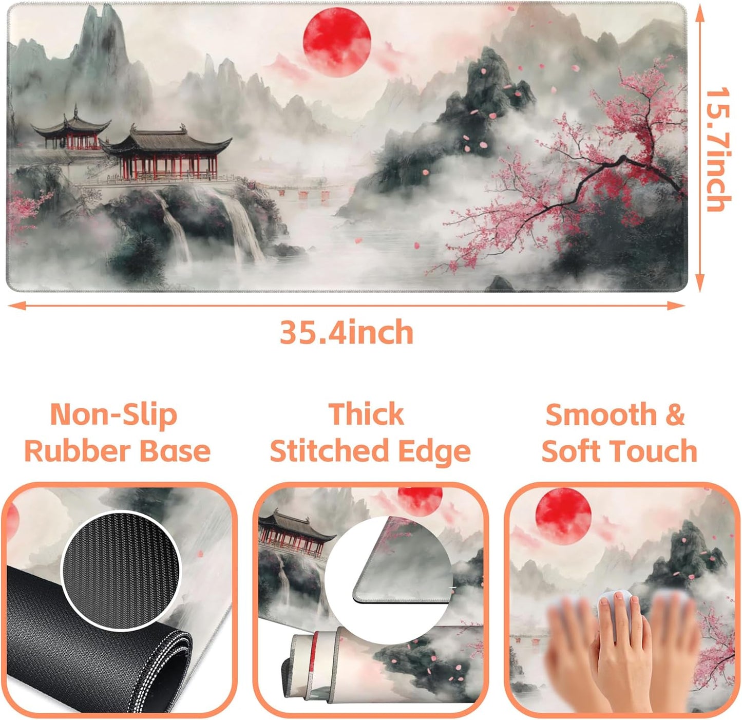 Mouse Pad Large Chinese Landscape Painting Non-Slip Game Desk Mat with Stitched Edge Laptop Keyboard Desk Pad for Work Home Gaming (35.4 x 15.7 Inches)