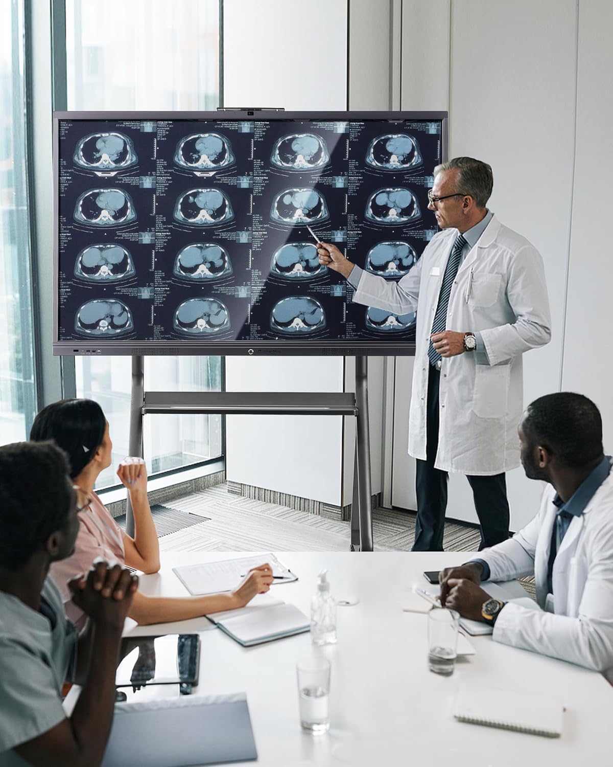 Smart Board Stand with Camera Tray Fits 42"-75" Screens, Interactive Whiteboard Stand with 360° Rotating Wheels Holds 300LBS, Height Adjustable,Mobile Stand for Home, Office & Classroom