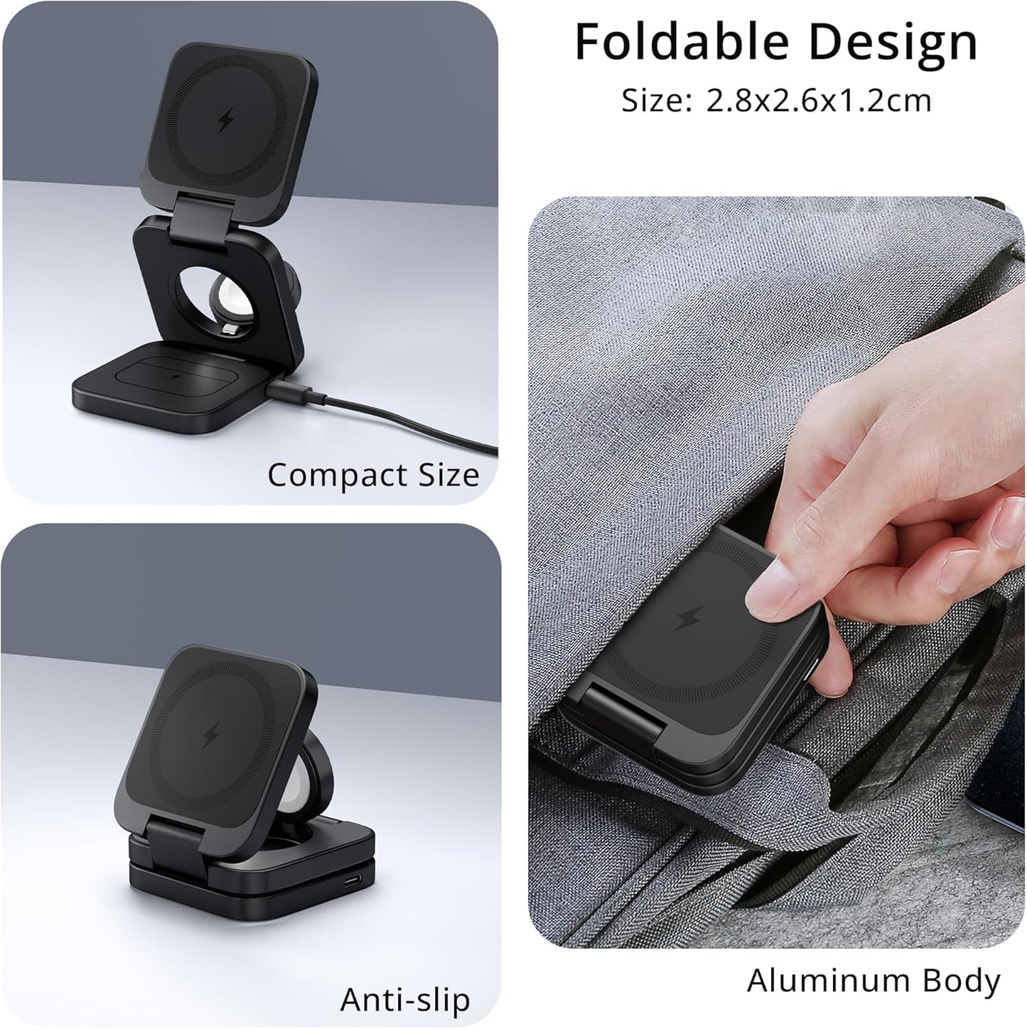 3-in-1 Wireless Charger Stand, LULULOOK 15W Magnetic Charger Wireless Fast Charging Station for iPhone 16/15/14 Series, Aluminum 5W Charger for Apple Watch, AirPods, USB-C Charging Cable Included