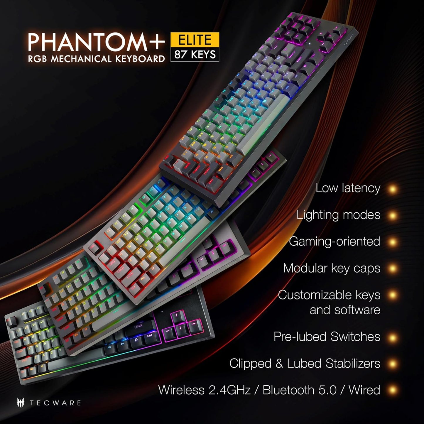 TECWARE Phantom+ Elite 87 Key RGB Mechanical Gaming Keyboard, LED Backlit, Universal Hot-Swap, Wired and Wireless, 3 Mode Connectivity, Thocky Sounding, Black Elite Wraith Pink