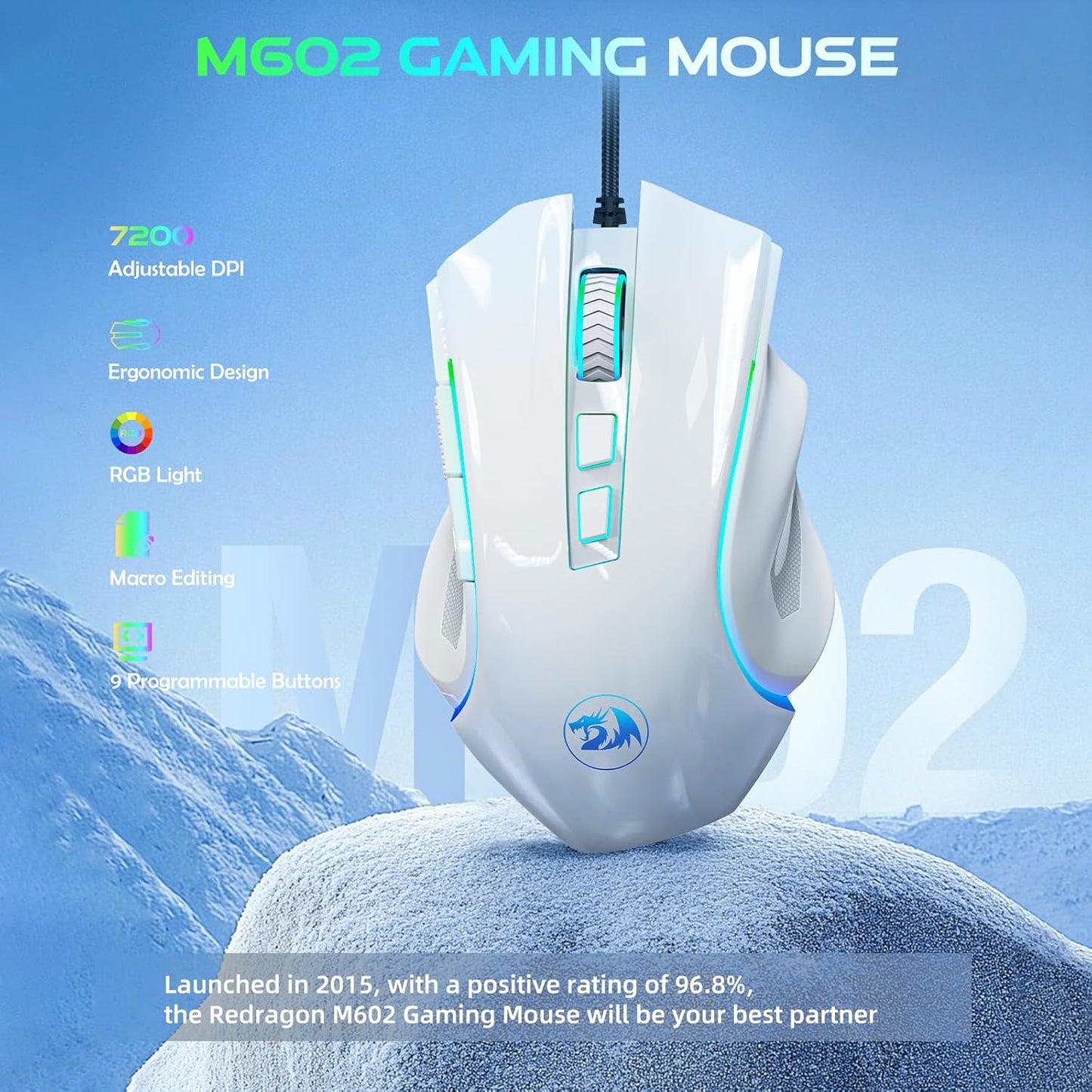 Redragon M602 Gaming Mouse, Ergonomic RGB Gaming Mouse Wired with 7200 Adjustable DPI, 9 Programmable Buttons, Professional Software for Gamer Office [White]