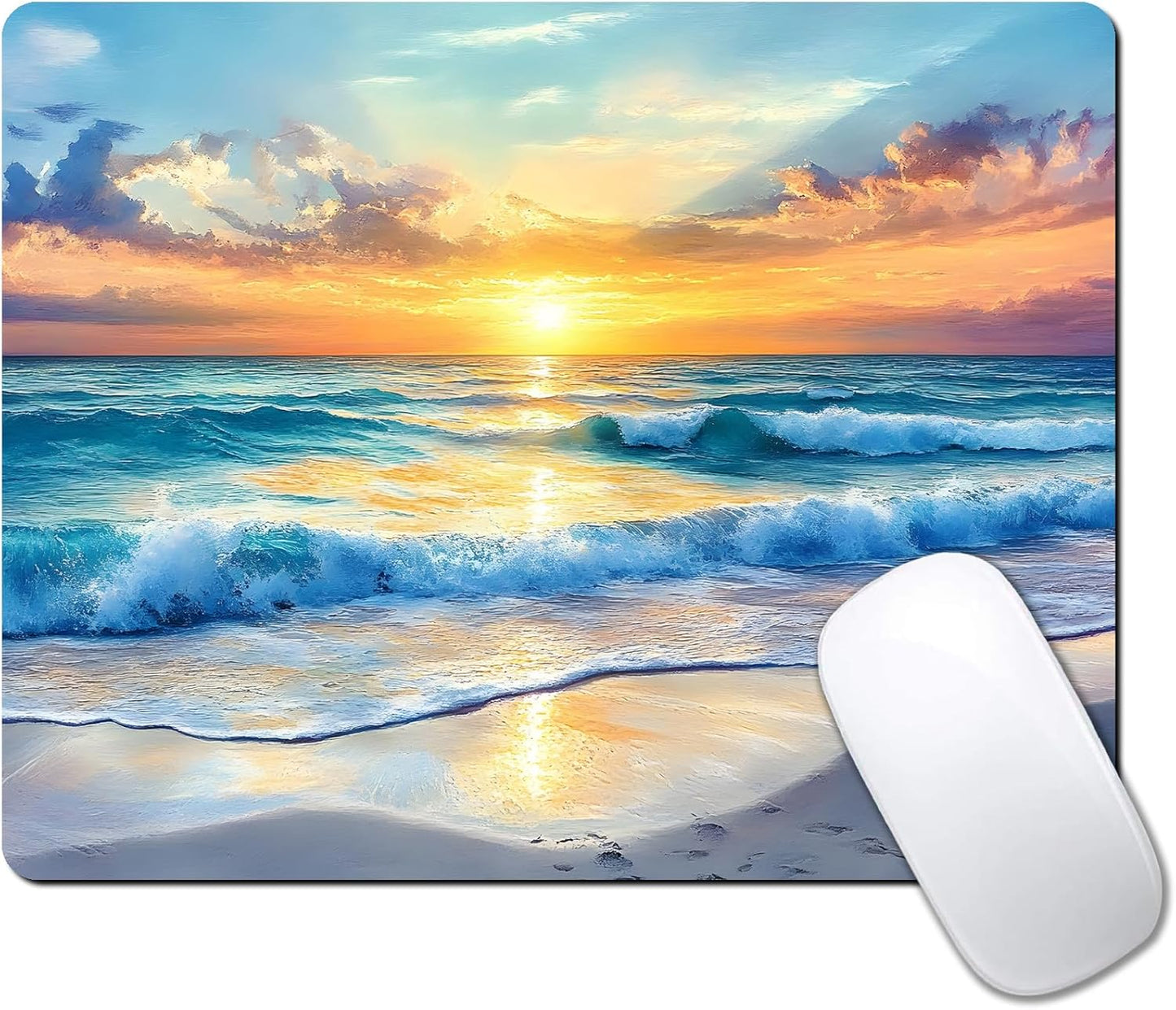 Aesthetic Sunrise Sunset Beach Custom Mouse Pad with Non-Slip Rubber, Small Square Design for Wireless Laptop & Computer Mouse Pads for Desk, 9.5 x 7.9 inch Smooth Surface for Gaming & Office