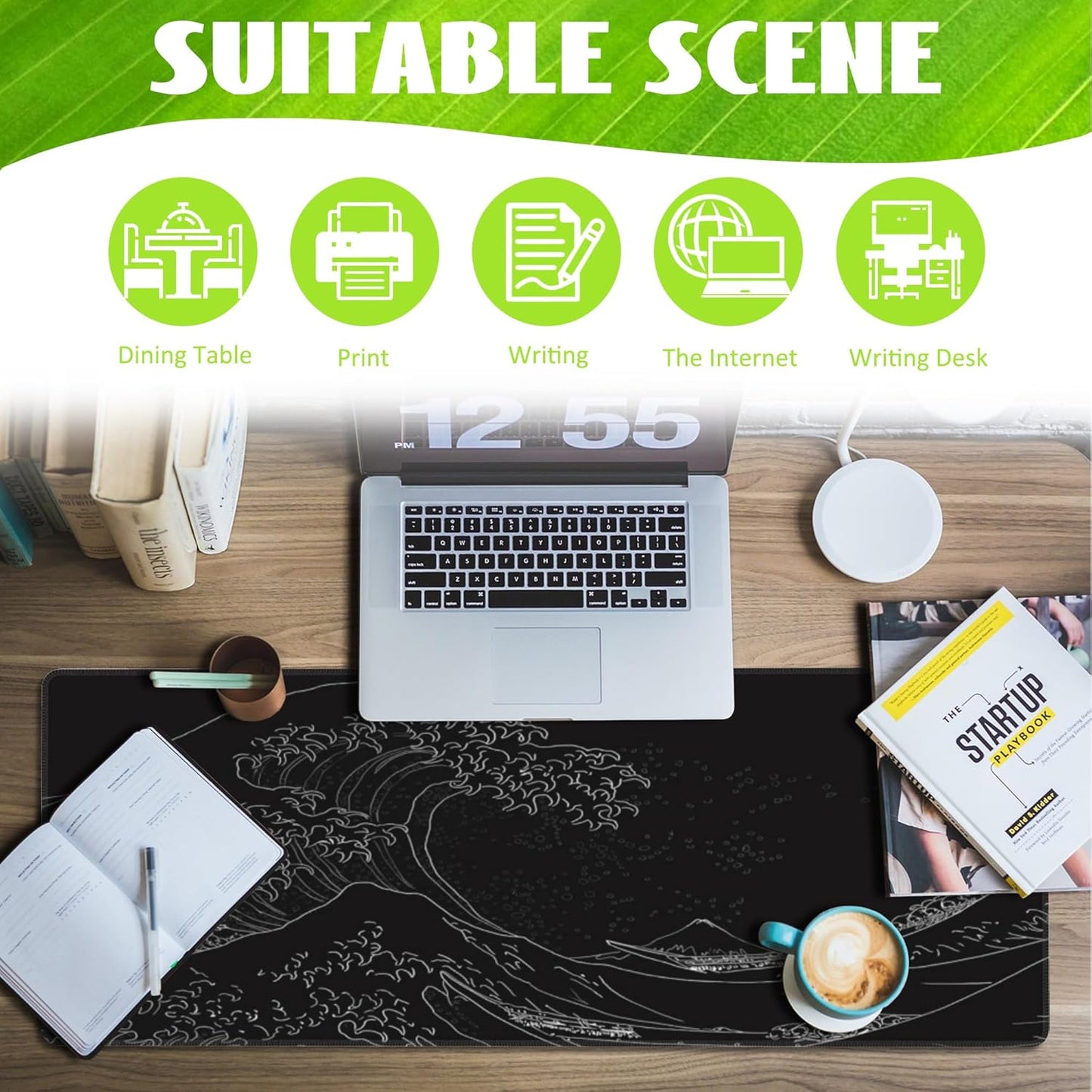 Desk Mat,Black Japanese Sea Wave Desk Pad,Japanese Sea Wave Large Gaming Mouse Pad for Desk,Extended Big Computer Keyboard Mouse Pad with Non-Slip Base and Stitched Edge,31.5"x11.8"