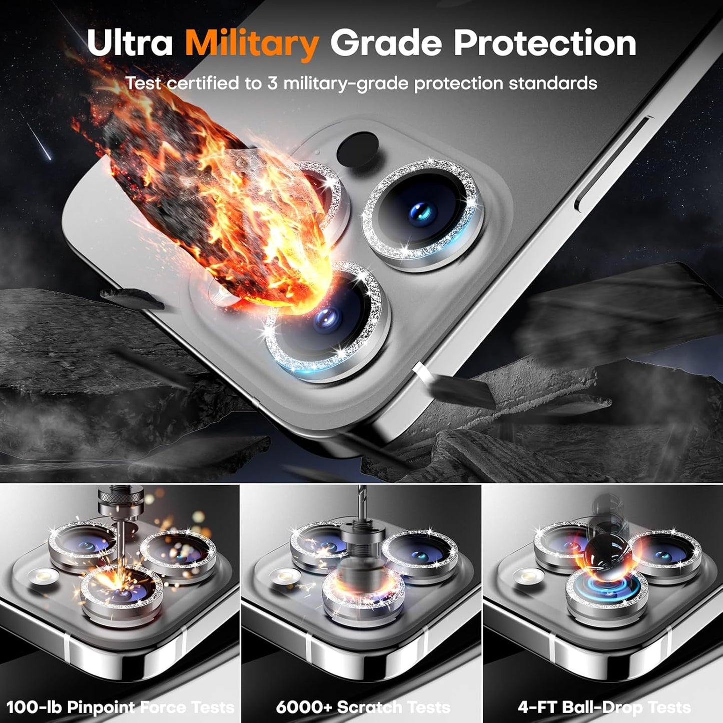 Camera Lens Protector for iPhone 16 Pro Max/16 Pro/15 Pro Max/15 Pro/14 Pro Max/14 Pro, Sapphire Glass Metal Individual Camera Cover Screen, Anti-drop, Case Friendly- Glitter White Titanium