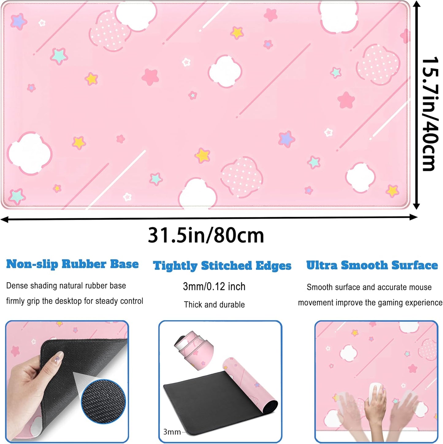 Pink Mouse Pad Large Desk Mat Gaming, Kawaii Desk Pads Stars Mouse Mat XXL Cute Keyboard Pad, Laptop Computer Mat with Non-Slip Base & Stitched Edges, Office Decor for Women 31.5" x 15.7"