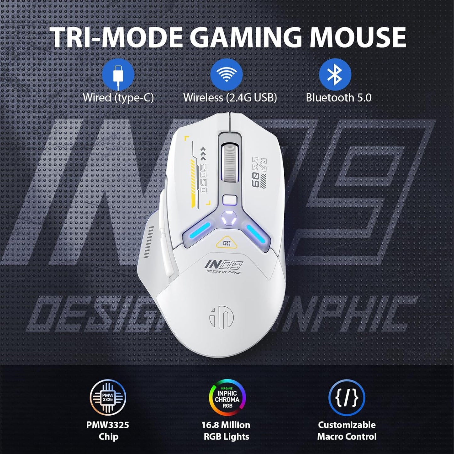 INPHIC IN9 Wireless Gaming Mouse, True Tri-Mode Bluetooth/Type-C Wired/2.4G Wireless Connection, 10000 DPl, Fully Programmable, RGB Backlit, for Laptop PC Mac