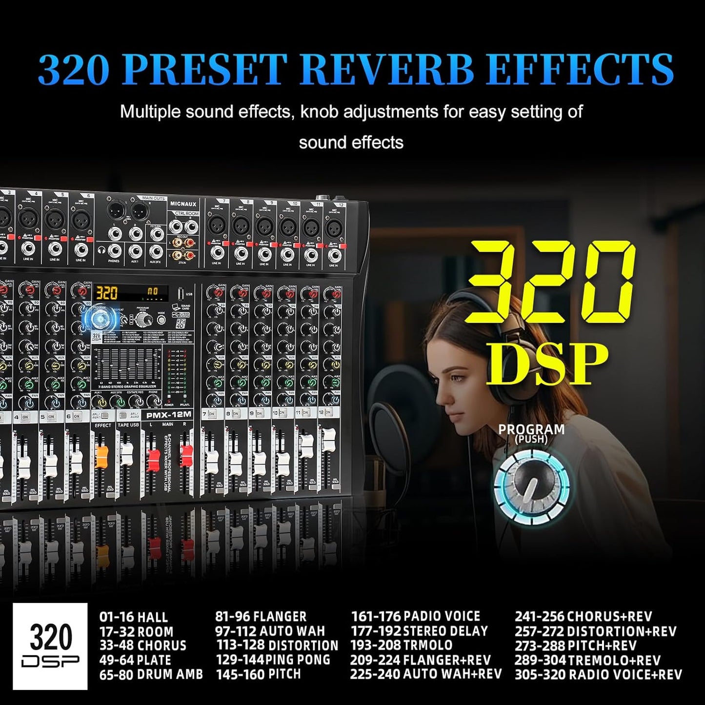 Audio Mixer 12 Channel Professional Mixer Console with 320 DSP Effects, 7-band EQ Sound Mixing Board Digital DJ Mixer w/USB Bluetooth MP3 for Recording, Independent 48V Power & Mute Button