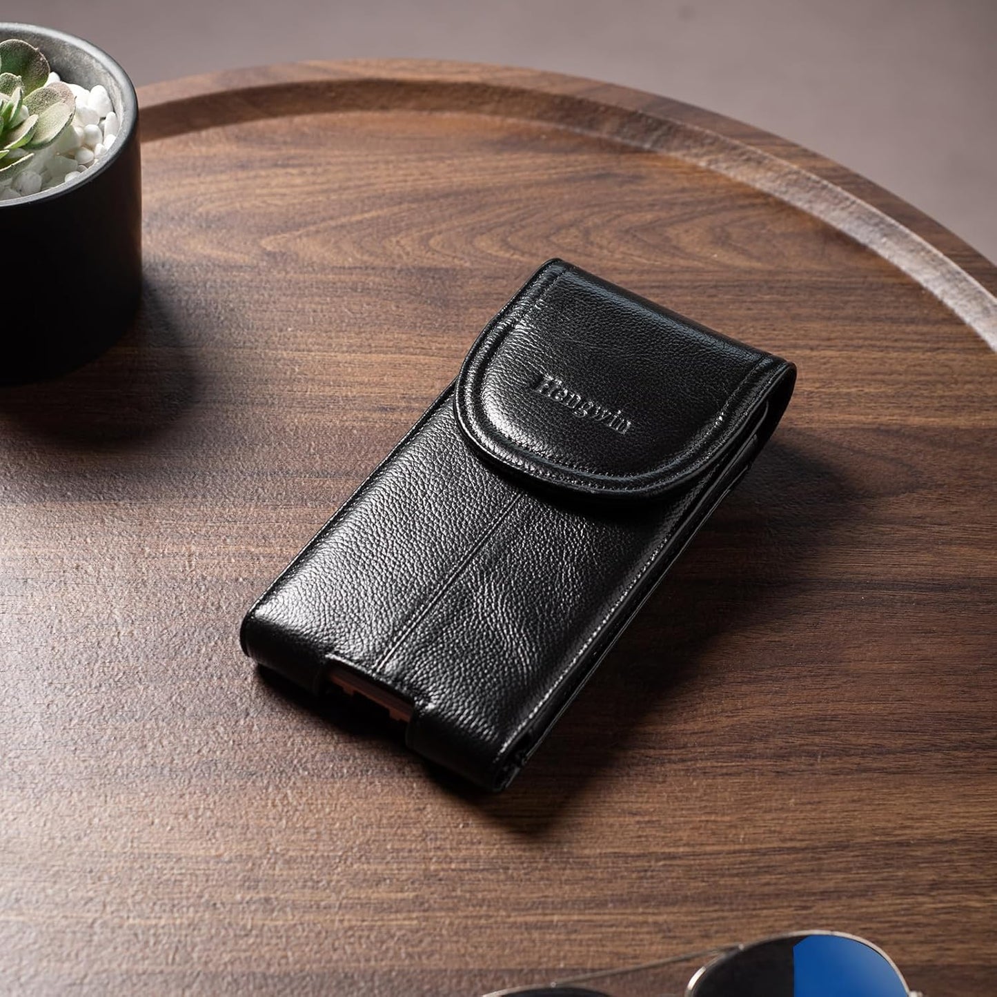 Hengwin Genuine Leather Cell Phone Holster for Belt Men, Vertical Phone Holder Belt Pouch Fits for iPhone 15 Pro Max 14 Pro Max 13 Pro Max Samsung Galaxy S24 Ultra Note9 Case with Belt Clip (Black)