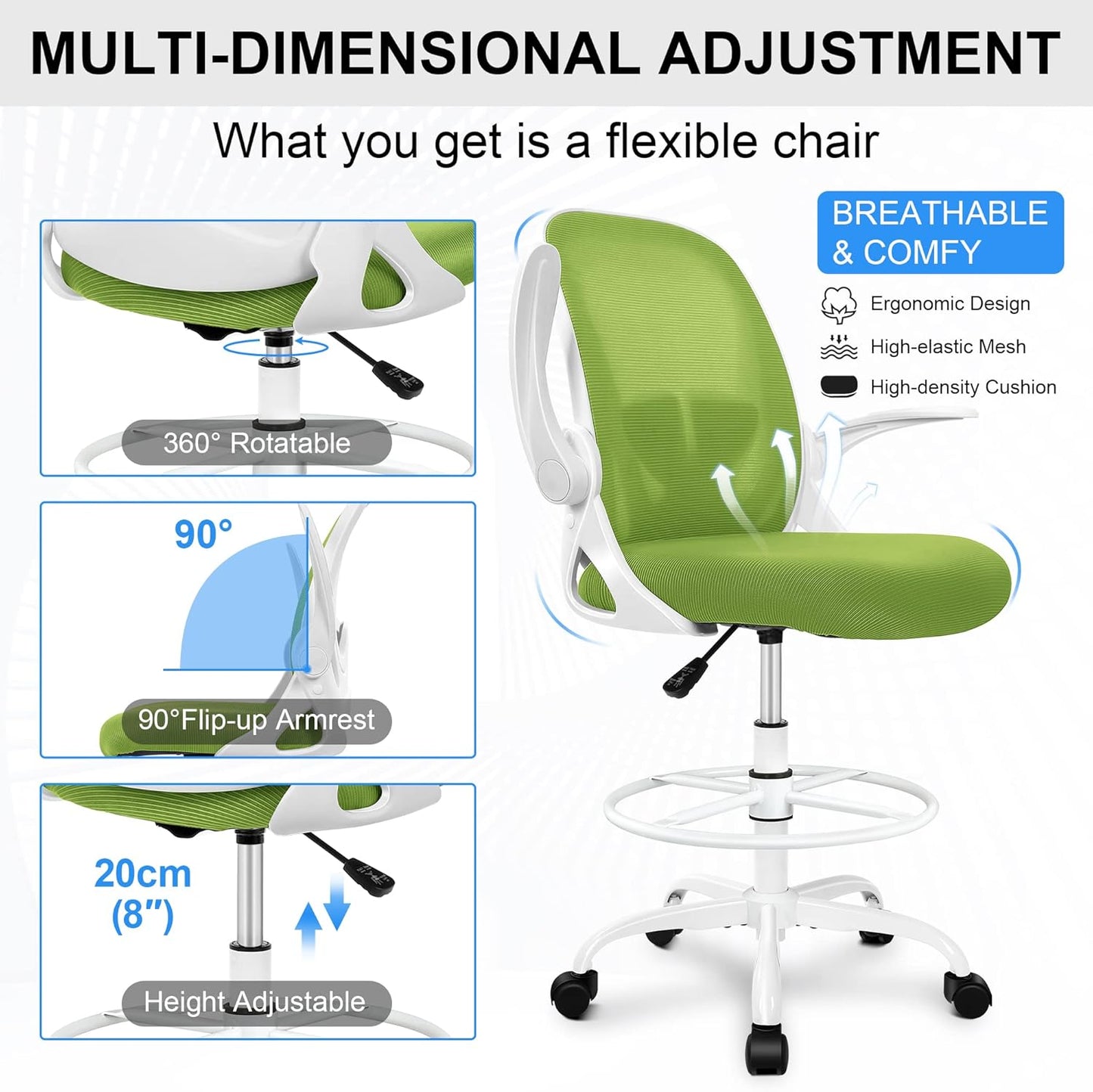 Primy Drafting Chair Tall Office Chair with Flip-up Armrests Executive Ergonomic Computer Standing Desk Chair with Lumbar Support and Adjustable Footrest Ring (Green)