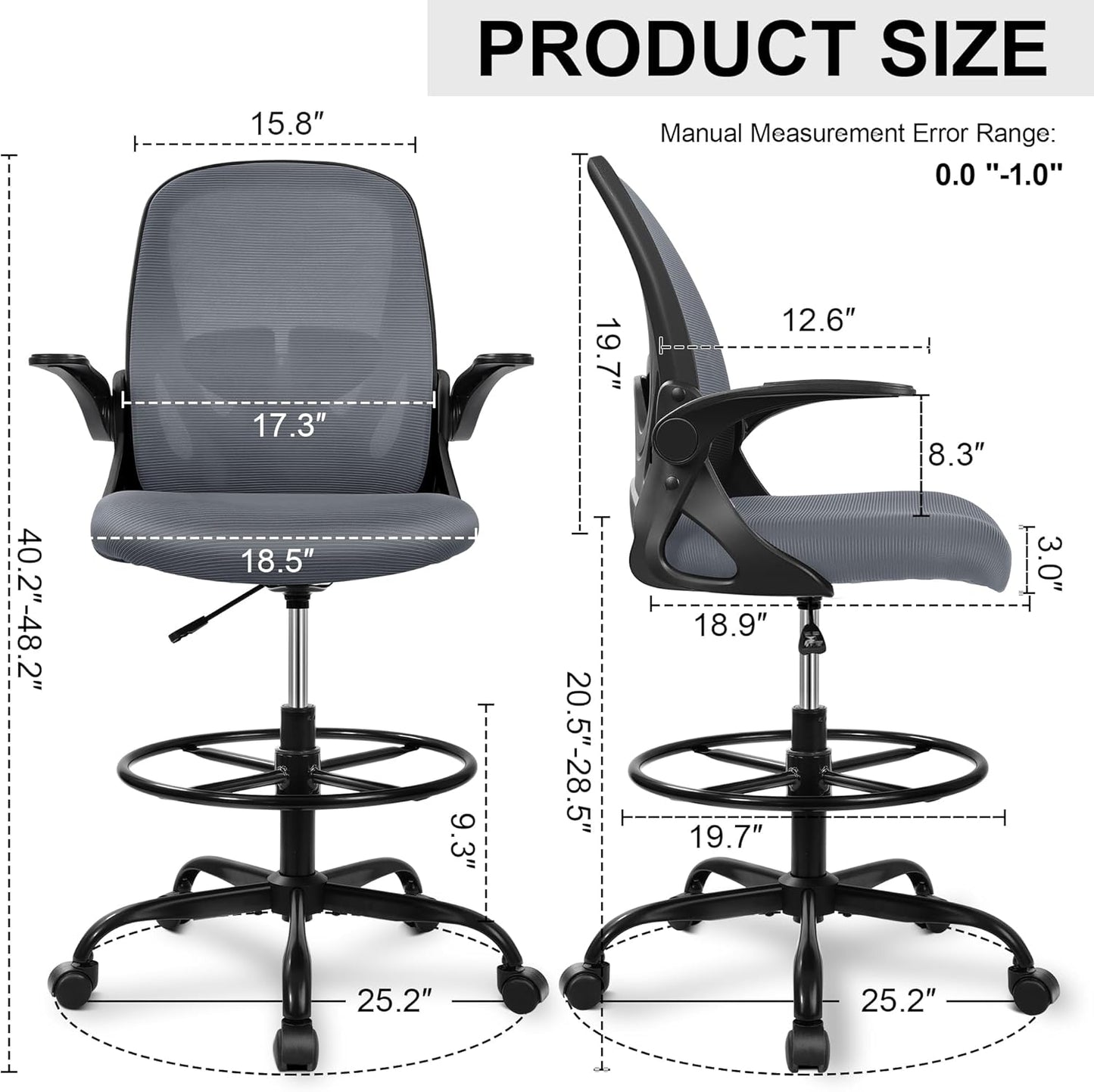 Primy Drafting Chair Tall Office Chair with Flip-up Armrests Executive Ergonomic Computer Standing Desk Chair with Lumbar Support and Adjustable Footrest Ring（Dark Gray）