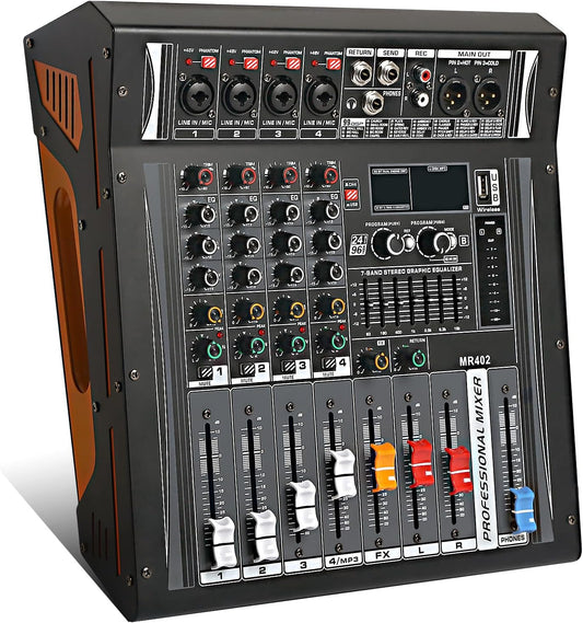 Audio Mixer 4 Channel, DJ Mixer with Power Amplifier, Audio Sound Card with 48V Phantom Power, Usb Audio Interface, Sounds Mixer Board with 99 DSP FX Reverb Delay Effect for Streaming