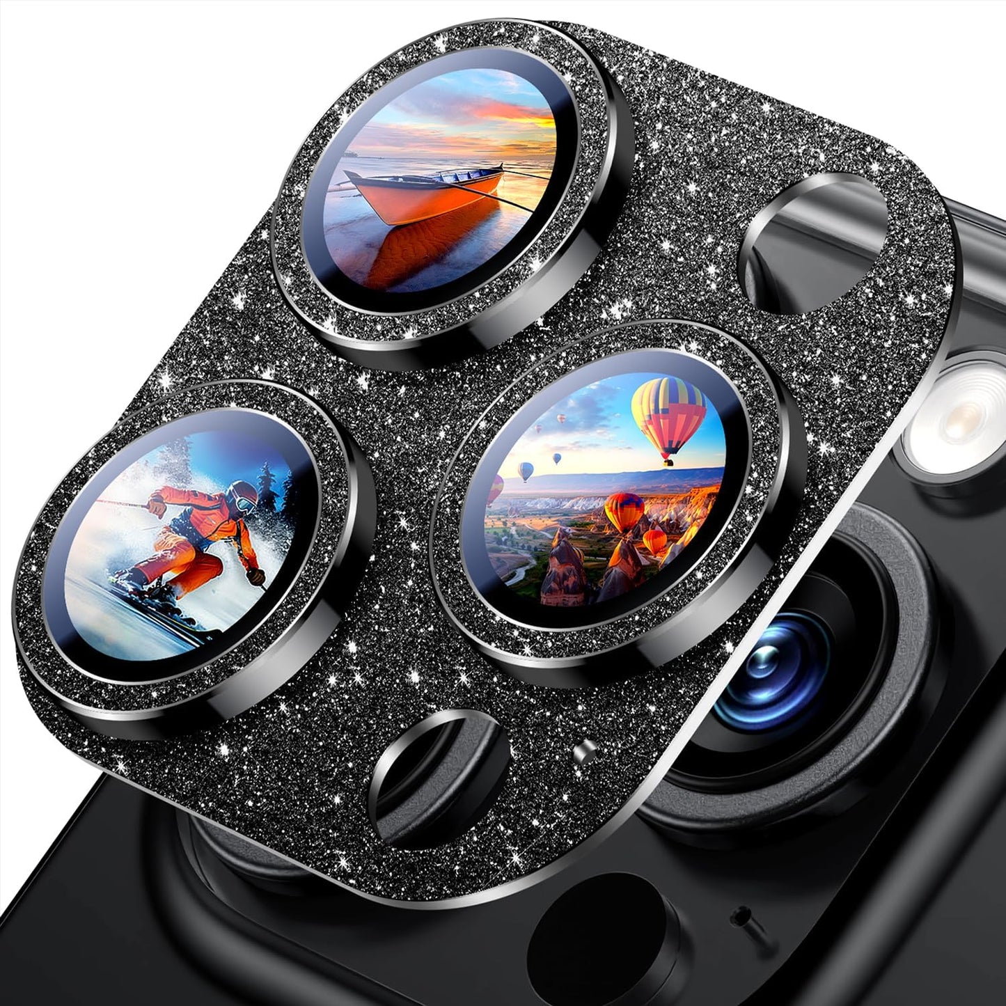Uyiton Compatible with iPhone 16 Pro/iPhone 16 Pro Max Camera Lens Protector - [Not Easy to Break][Strong Adsorption][Case-Friendly] Metal Tempered Glass Rear Camera Screen Cover - Glitter Black
