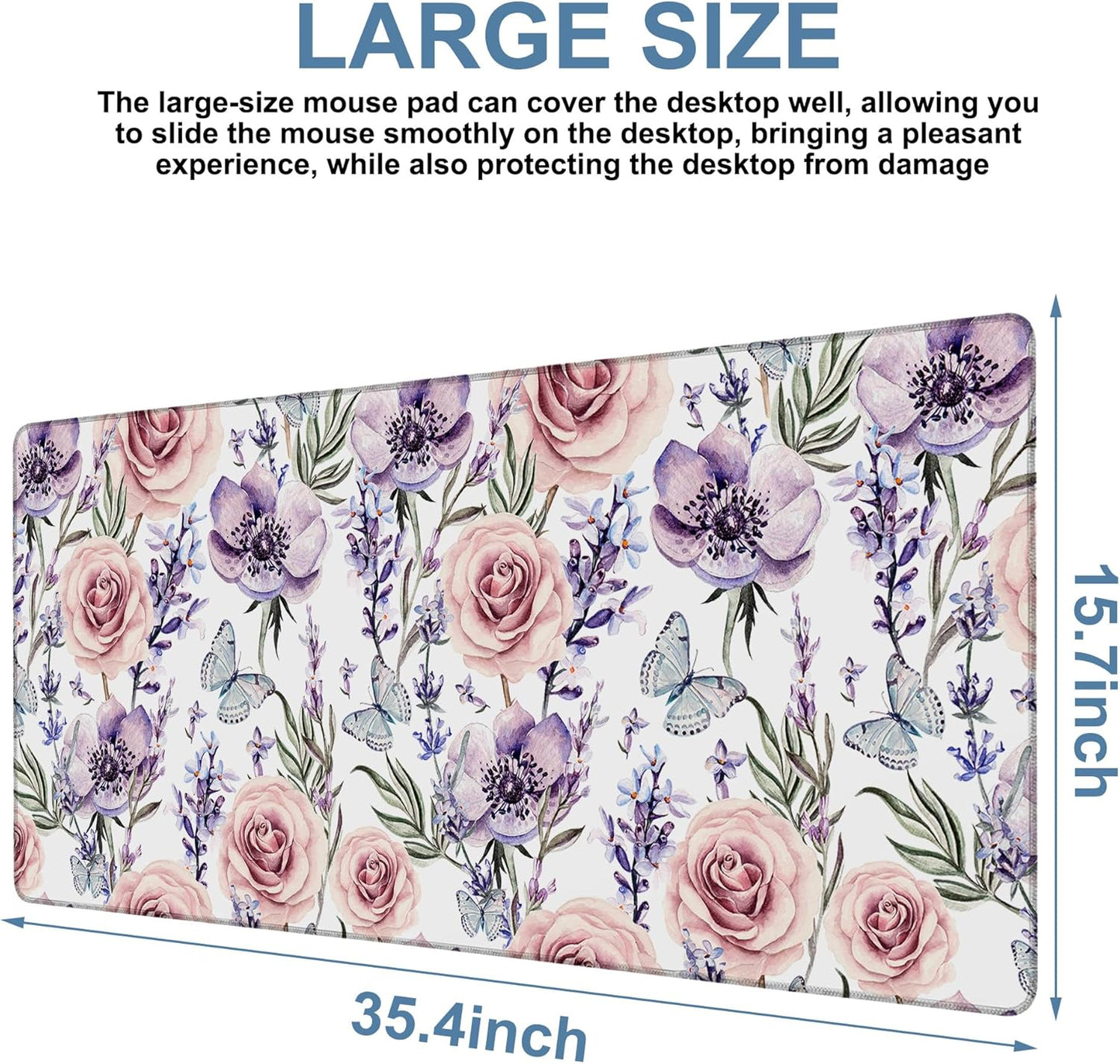 Gaming Desk Pad Large Extra Length Lavender, Roses and Anemone Mouse Pad Keyboard Laptop Non-Slip Waterproof with Rubber Base Thick Stitched Edge Mouse Mat for Office Home 35.4 x 15.7 Inches