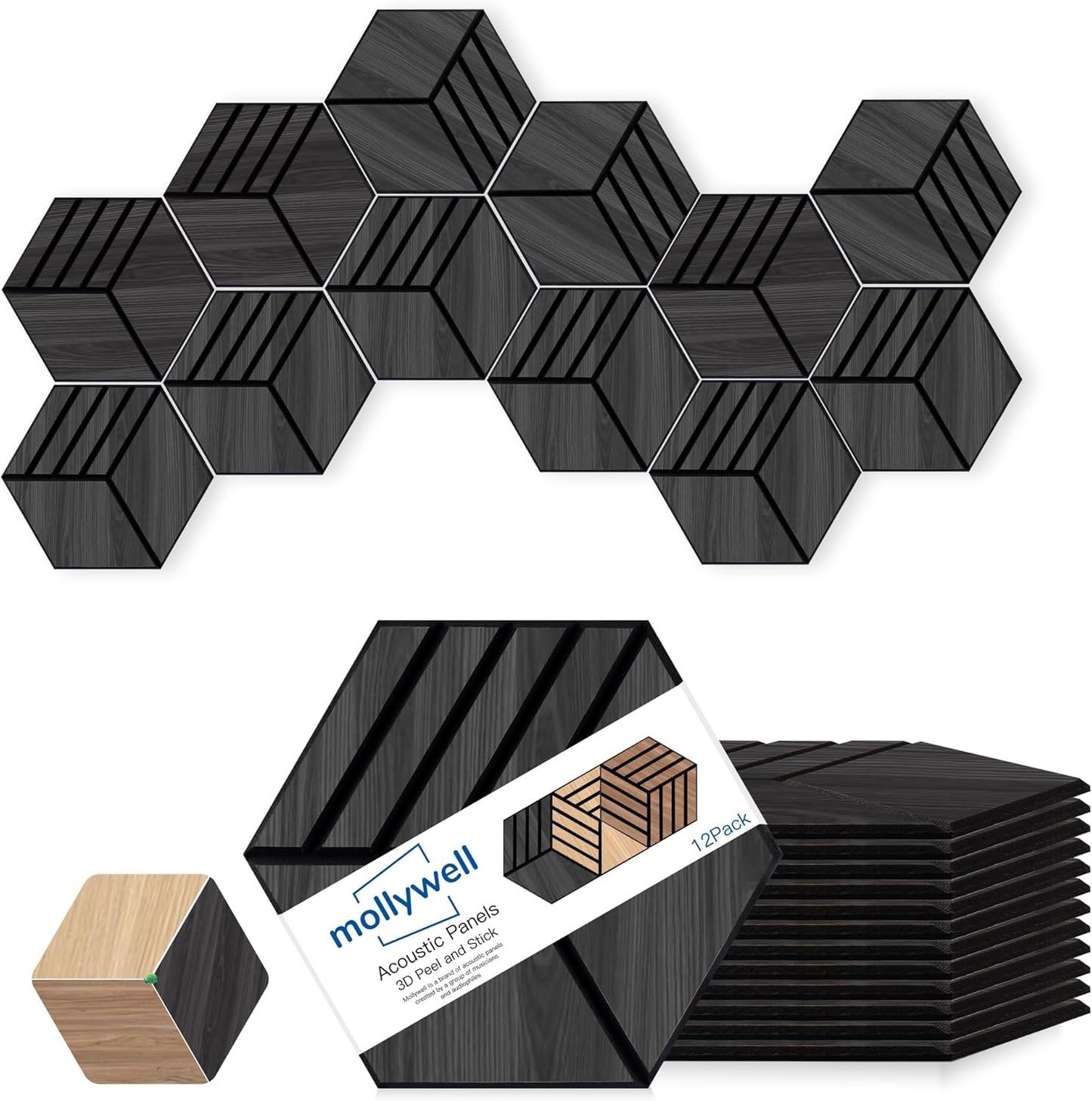 Mollywell Hexagon Acoustic Panels, Black Oak S4, 14x12x0.4 Inch, 12 Pack |Wood Veneer|High Density Sound Proofing Wall Panels|Self Adhesive Sound Dampening Felt Wall Tiles|Home Theater|Gaming Room|