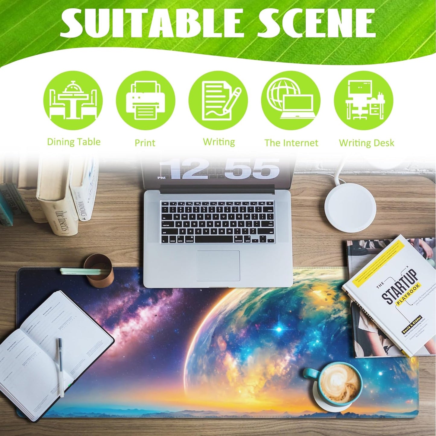 Desk Mat,Galaxy Earth Planet Desk Pad,Science Fiction Cosmic Large Gaming Mouse Pad for Desk,Extended Big Computer Keyboard Mouse Pad with Non-Slip Base and Stitched Edge,31.5"x11.8"