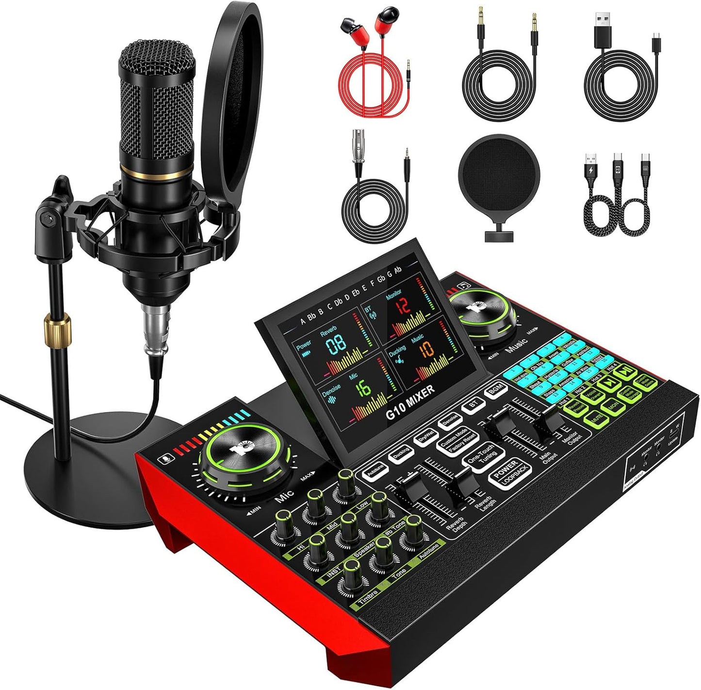 Podcast microphone bundle, live sound card, streaming audio mixer, podcast equipment bundle for PC/mobile live streaming, singing, gaming, soundboard with voice changer and noise reduction function