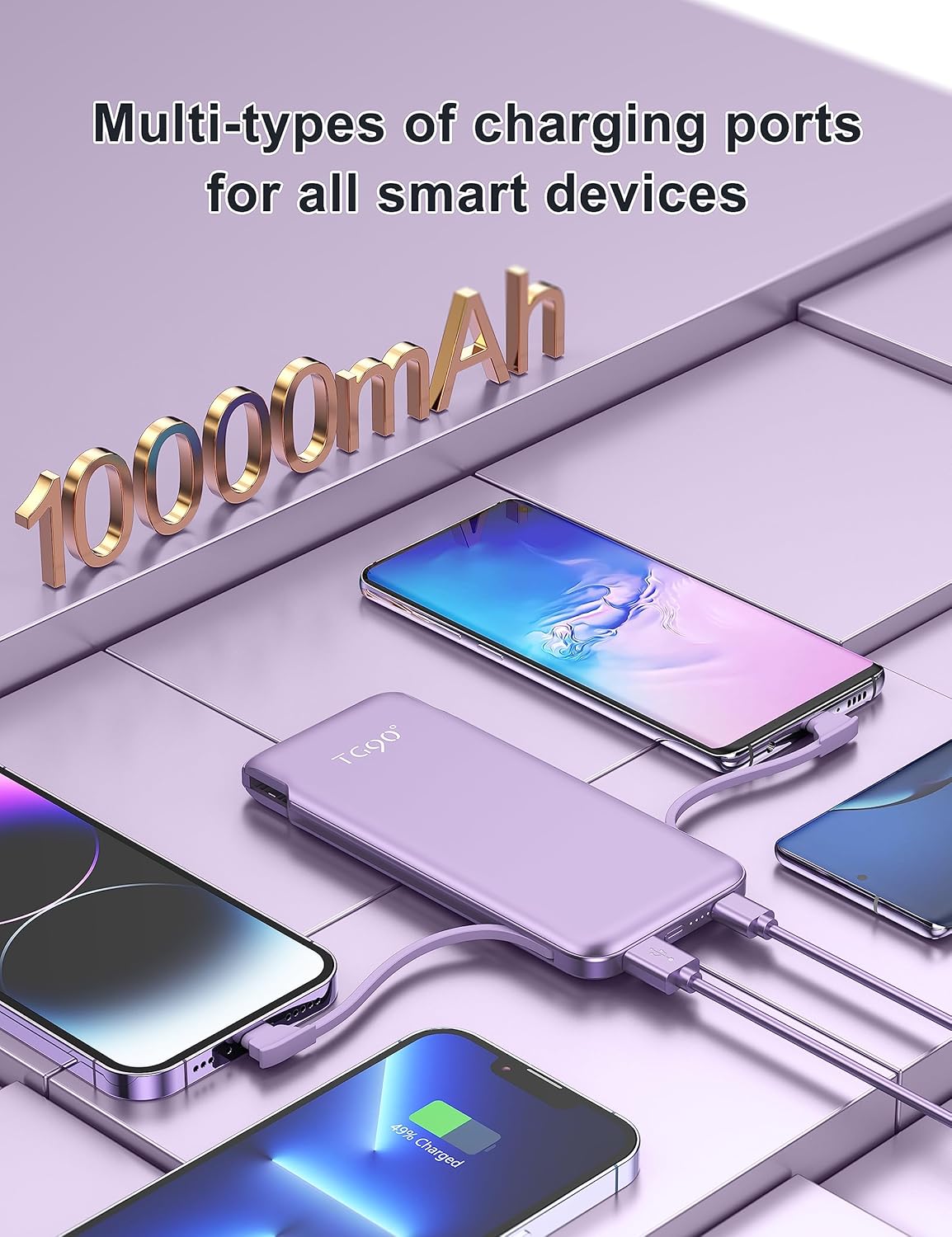 TG90° 10000mah Power Bank Portable Charger with Built in Cables and AC Wall Plug, Phone Charger External Battery Pack Compatible with iPhone Android Smart Devices