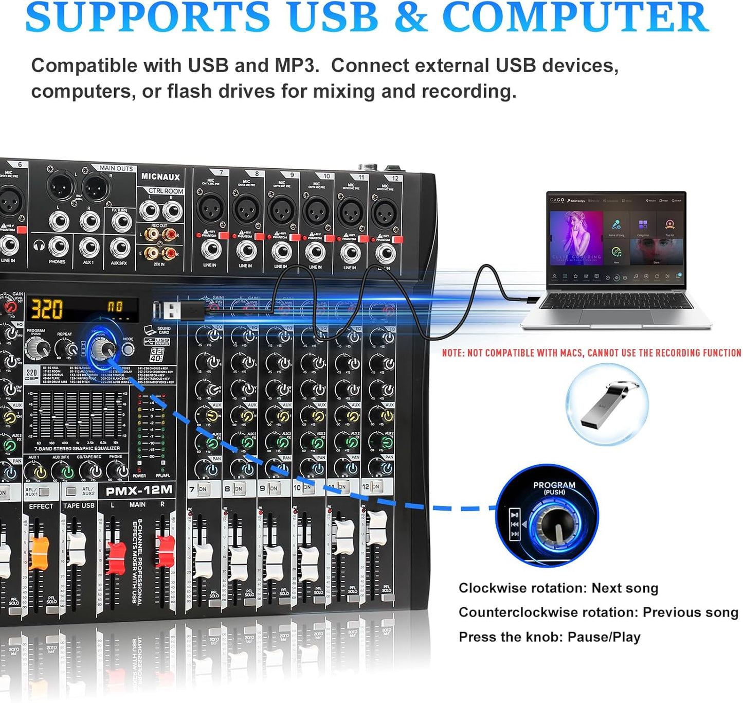 Audio Mixer 12 Channel Professional Mixer Console with 320 DSP Effects, 7-band EQ Sound Mixing Board Digital DJ Mixer w/USB Bluetooth MP3 for Recording, Independent 48V Power & Mute Button